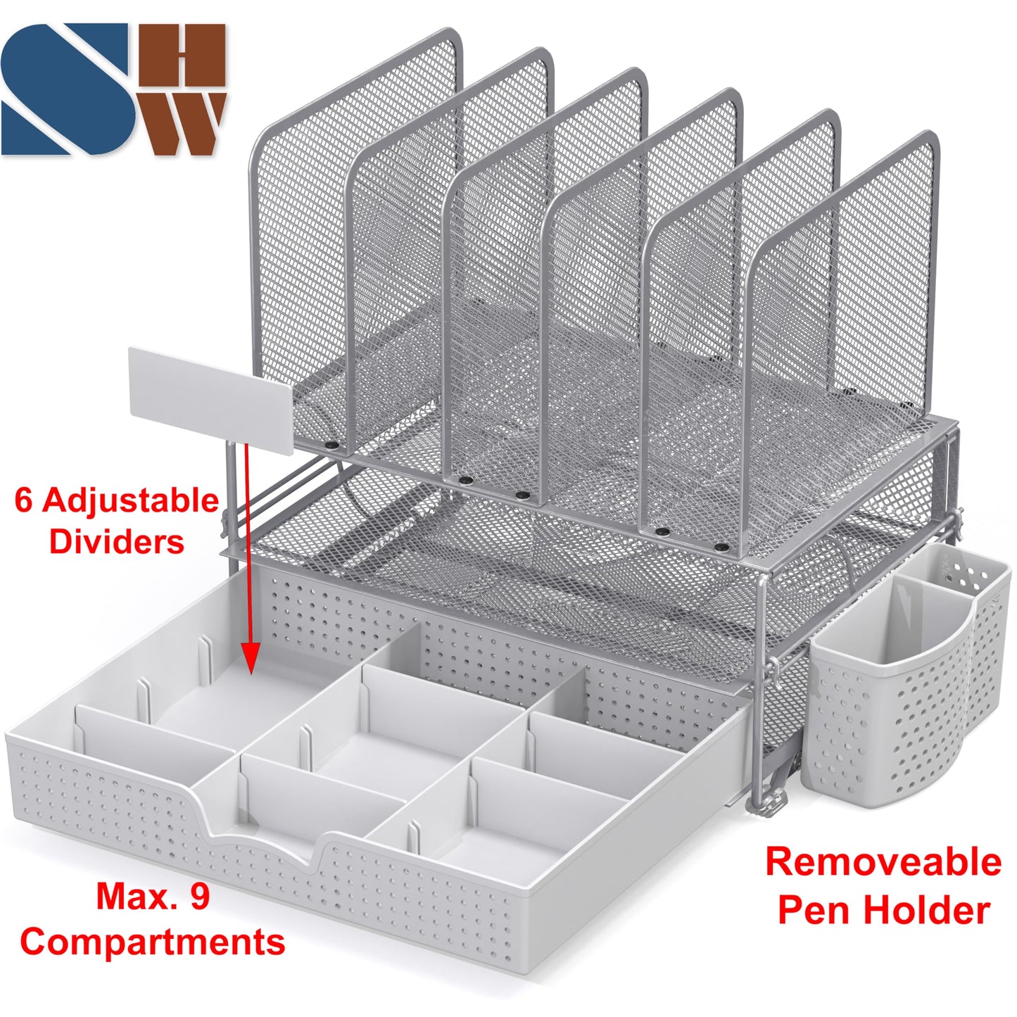Simple Houseware Mesh Desk Organizer with Sliding Drawer, Double Tray and 5 Upright Sections, Silver