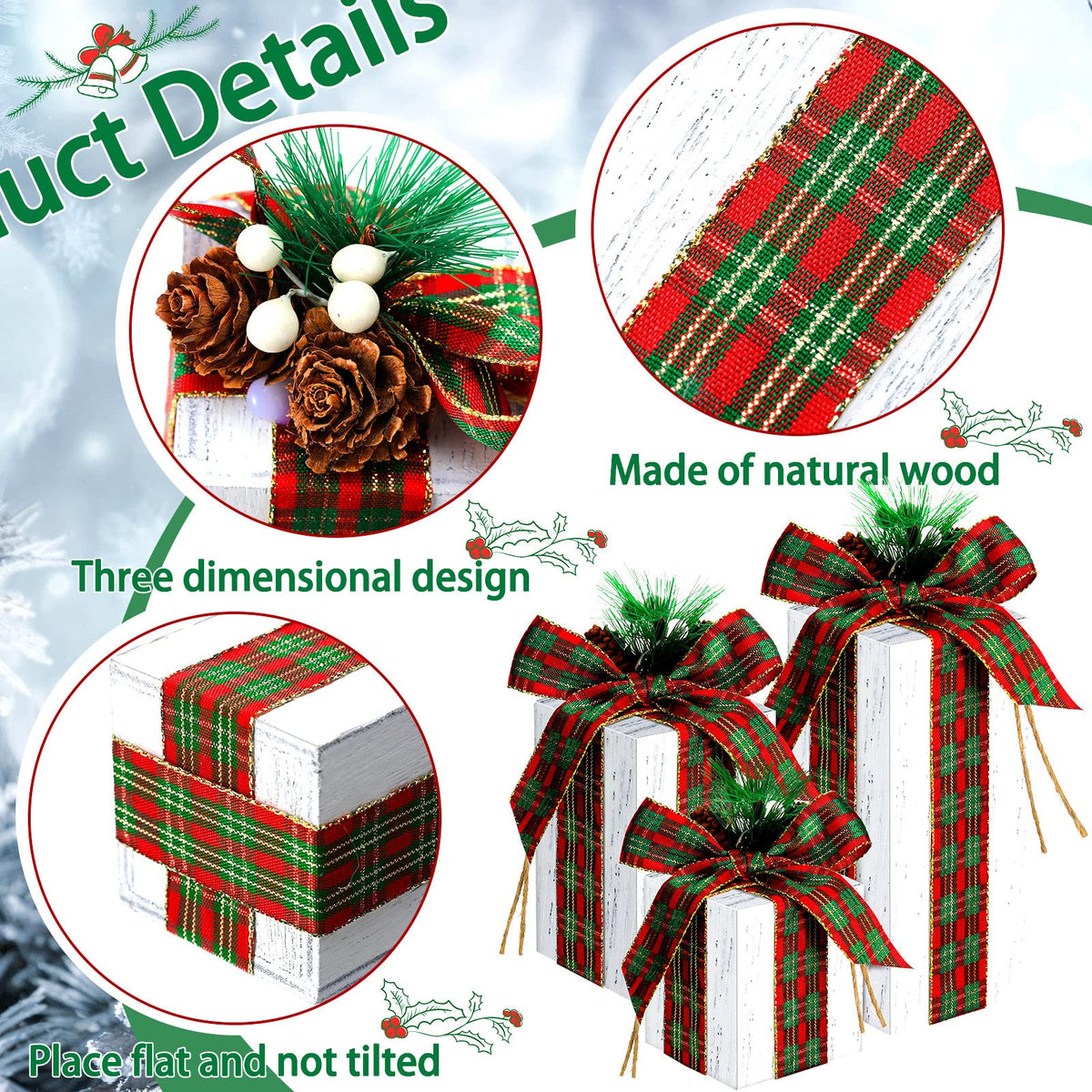 Amyhill 3 Pcs Christmas Wooden Gifts Box Decor Christmas Plaid Presents Table Centerpieces Rustic Wooden Gifts Tiered Tray Decor with Buffalo Plaid Bowknot for Xmas Party(White,Retro)