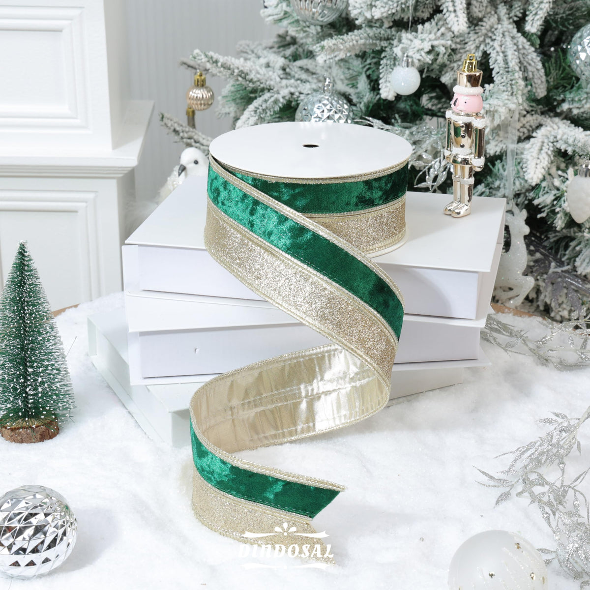 DINDOSAL Green Velvet Wired Ribbon, 2.5 Inch x 10 Yards