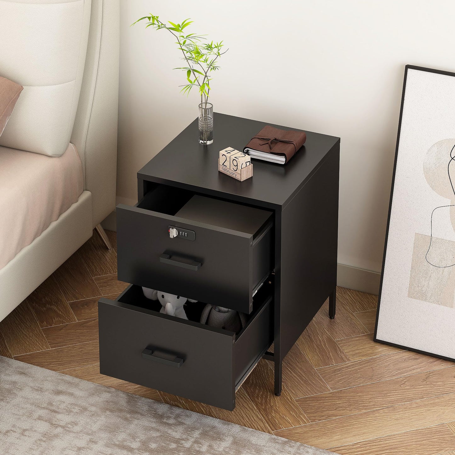 Steehoom Metal Nightstand,2 Drawer End Side Table Lockable Modern Locker Storage Cabinet for Living Room, Bedroom, Dorm, 21.26”H X 15.75”W X 15.75”D (2 Drawer, Black)