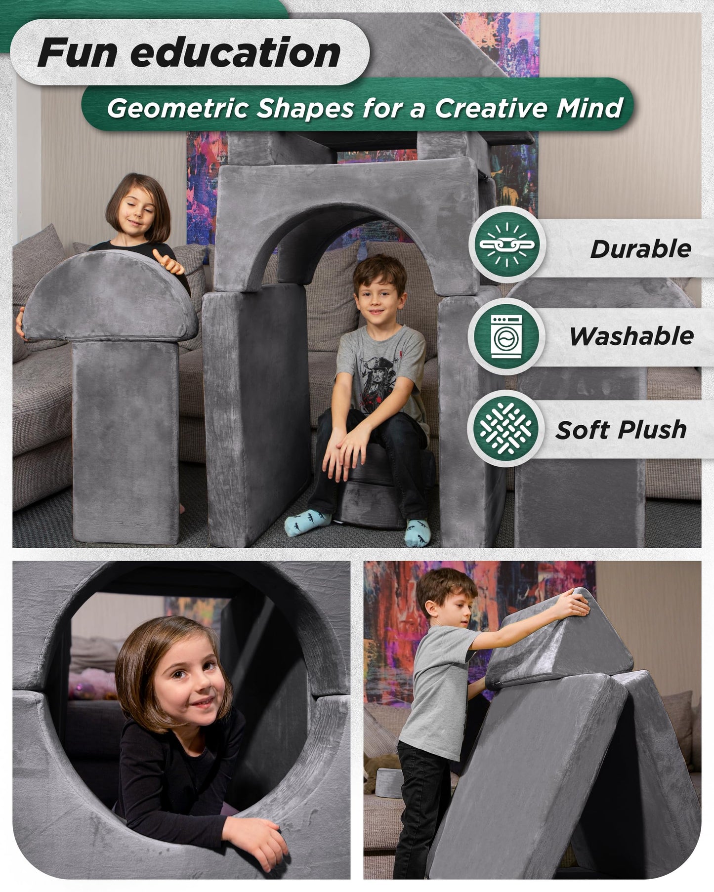 Lunix LX15 14pcs Modular Kids Play Couch, Design-Patent Child Sectional Sofa, Fort-Play Bedroom Playroom Furniture for Toddlers, Convertible Foam, Washable Covers, OEKO-TEX & CertiPUR-US, Granite Gray