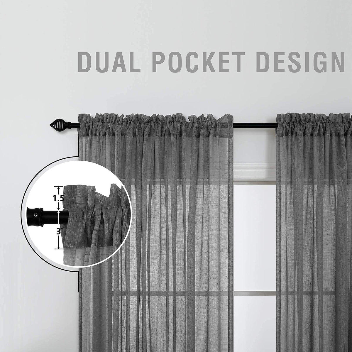 KOUFALL Dark Grey Curtains for Bedroom Living Room,Sheer Linen Look Gray Charcoal Curtains,96 Inches Long 2 Panel Set