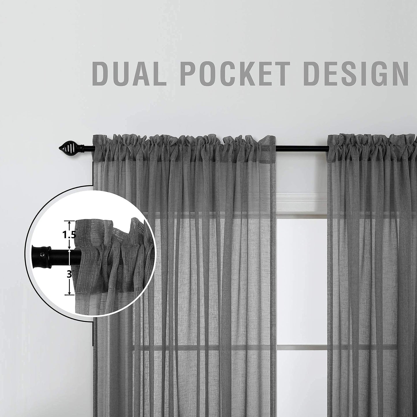 KOUFALL Dark Grey Sheer Curtains 84 Inches Long,Linen Look Rod Pocket Window Curtains for Living Room Bedroom,2 Panels Set,Charcoal Gray