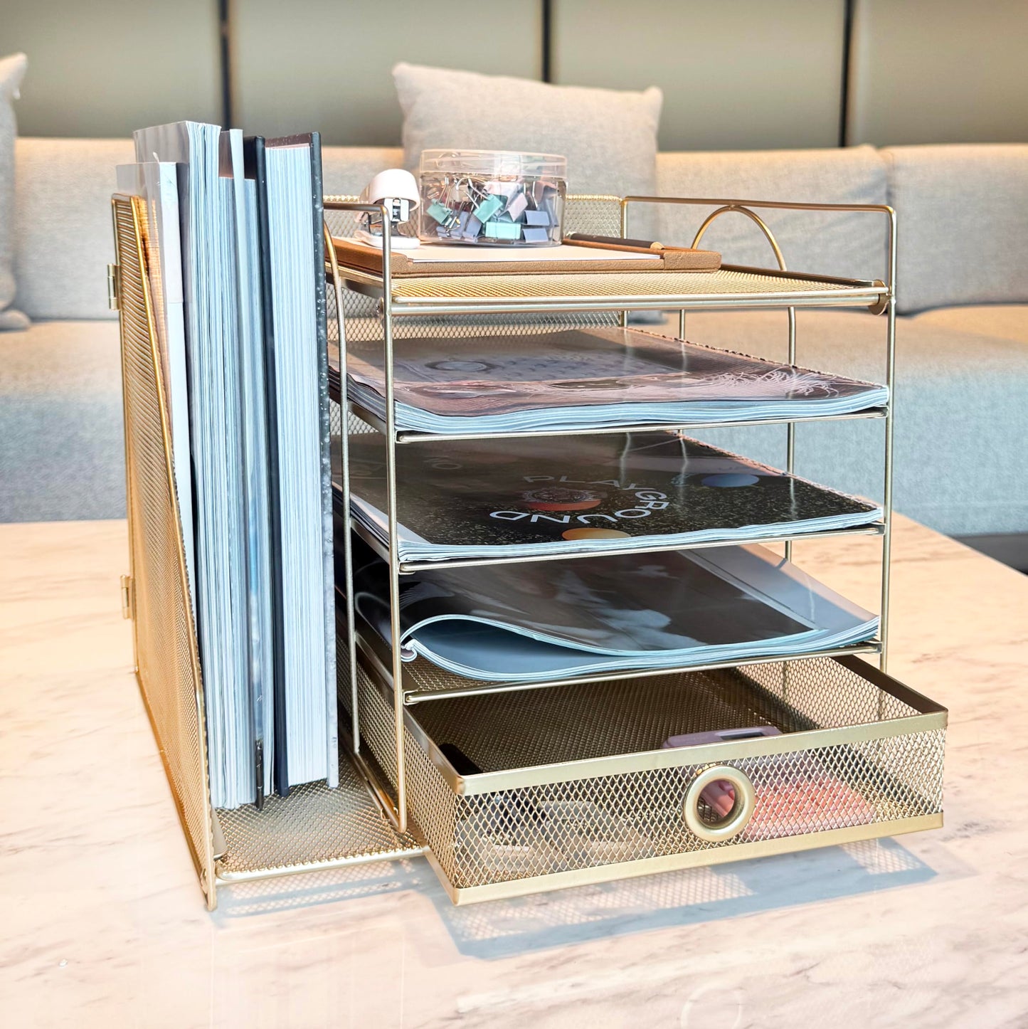 5-Tier Paper Letter Organizer with File Holder, Desk Organizer with Drawer, Mesh Desktop Storage with Magazine Holder for Office Supplies (Golden)