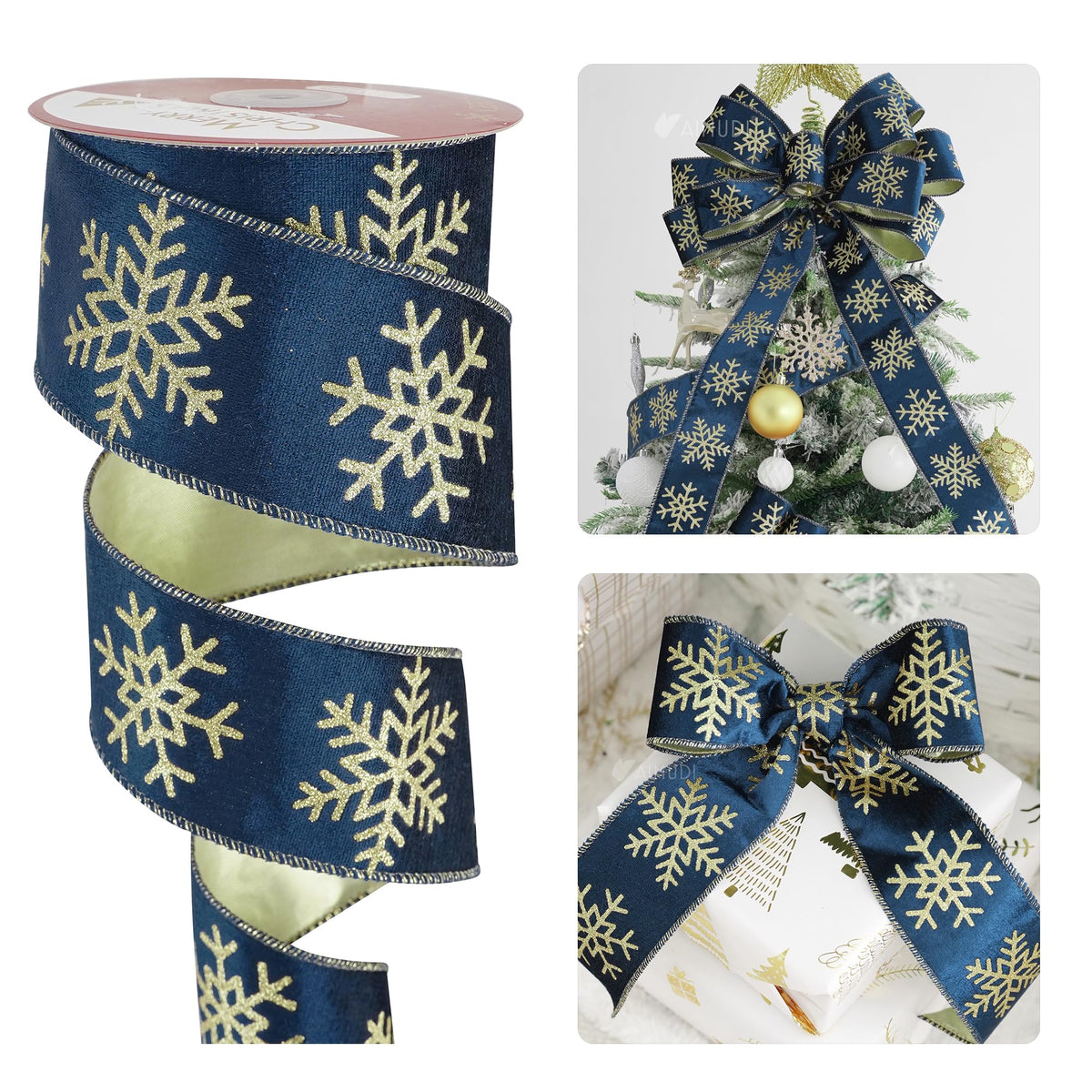 AIMUDI Navy Blue Velvet Ribbon 2.5 Inch Navy and Gold Snowflake Christmas Wired Ribbon for Gift Wrapping, Wreaths, Christmas Trees, Garlands, Holiday Crafts, Topper Bows, Home Decor 10 Yards