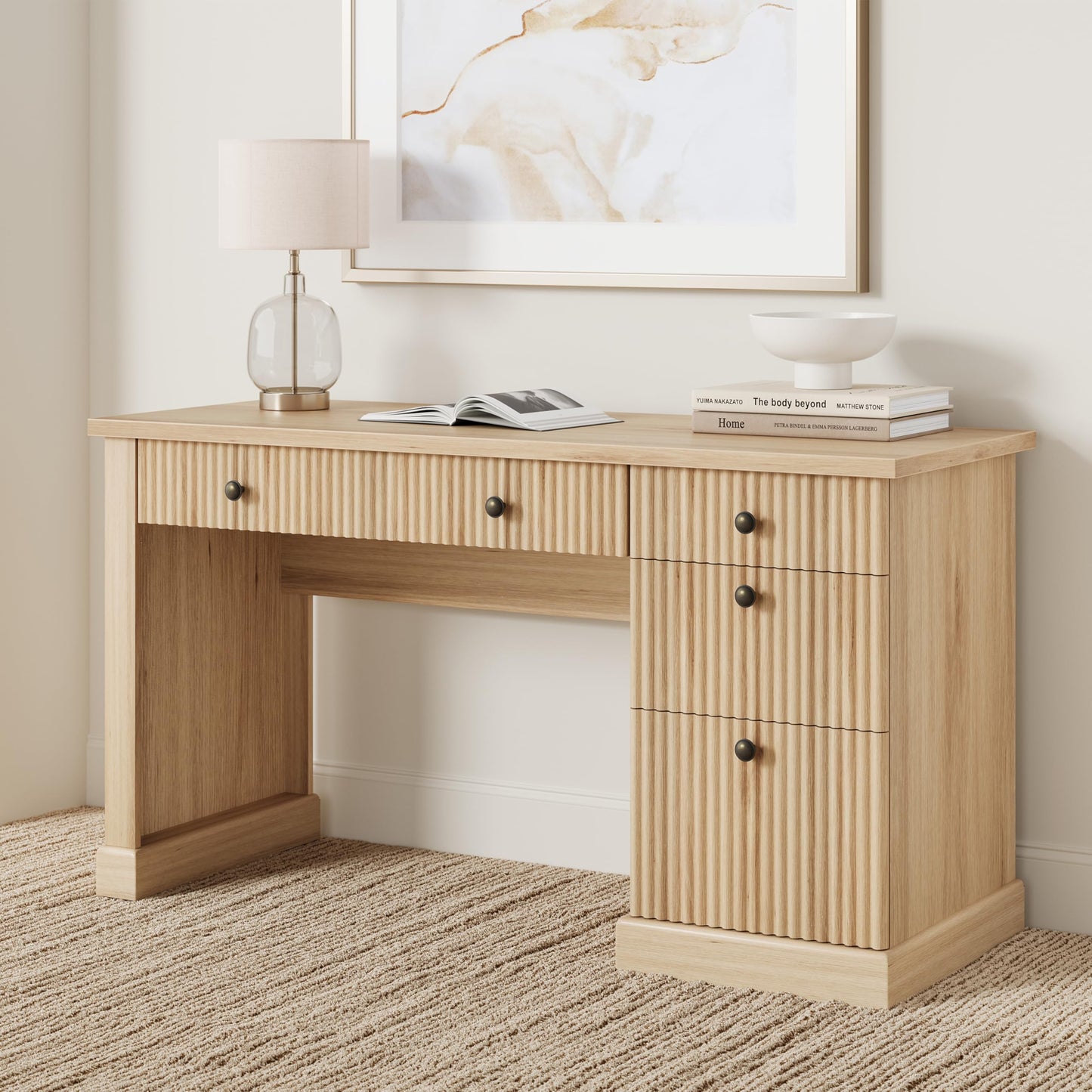 IDEALHOUSE 54 Inch Modern Executive Desk with Charging Station, USB-C/A & 6.56ft Cord - Fluted Office Desk with File Drawers, Computer Desk for Home Office, Burlywood