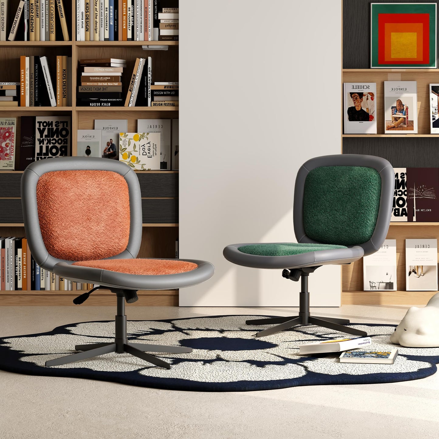 zavxzren Nordic Armless Ergonomic Office Chair with Wheels, Diamond Tufted PU Leather Computer Chair, Adjustable Height Desk Chair with Solid Wood Back for Small Home Office (No Wheels-Beige)