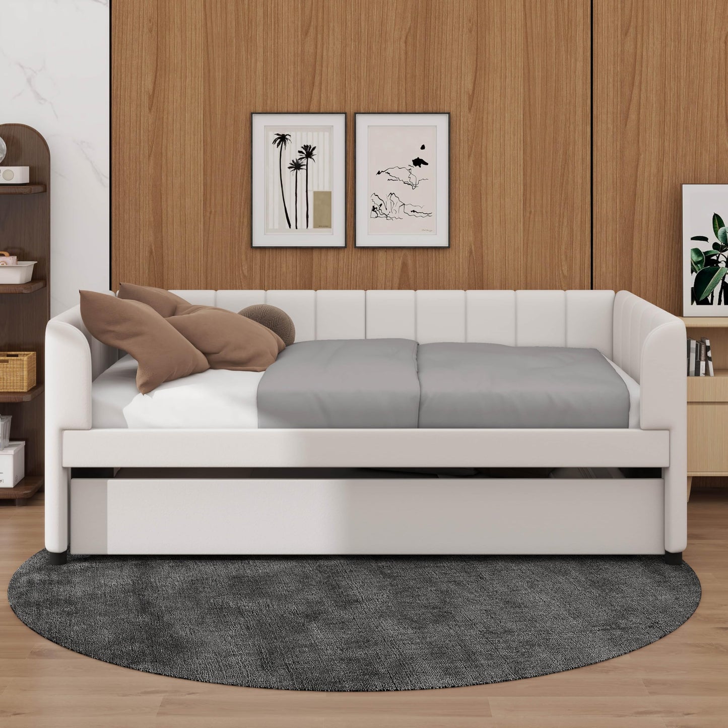 YunNianYang Twin Size Upholstered Daybed Frame with Ergonomic Design Backrest and Trundle (Beige)