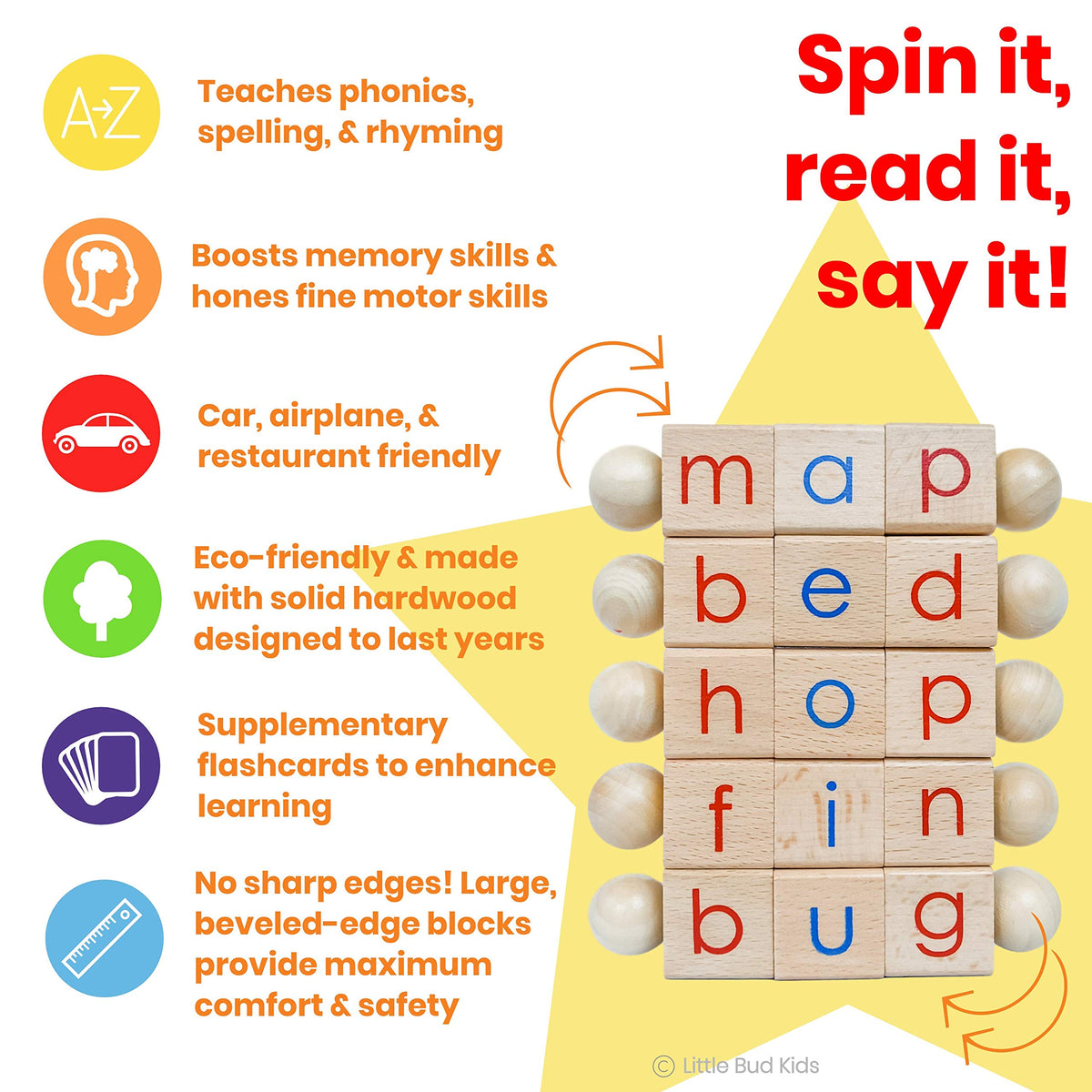 LITTLE BUD KIDS Spin-and-Read Montessori Phonetic Reading Blocks with CVC Phonics Flashcards for Beginner Readers, Montessori Reading Wooden Toys for 3 Years +
