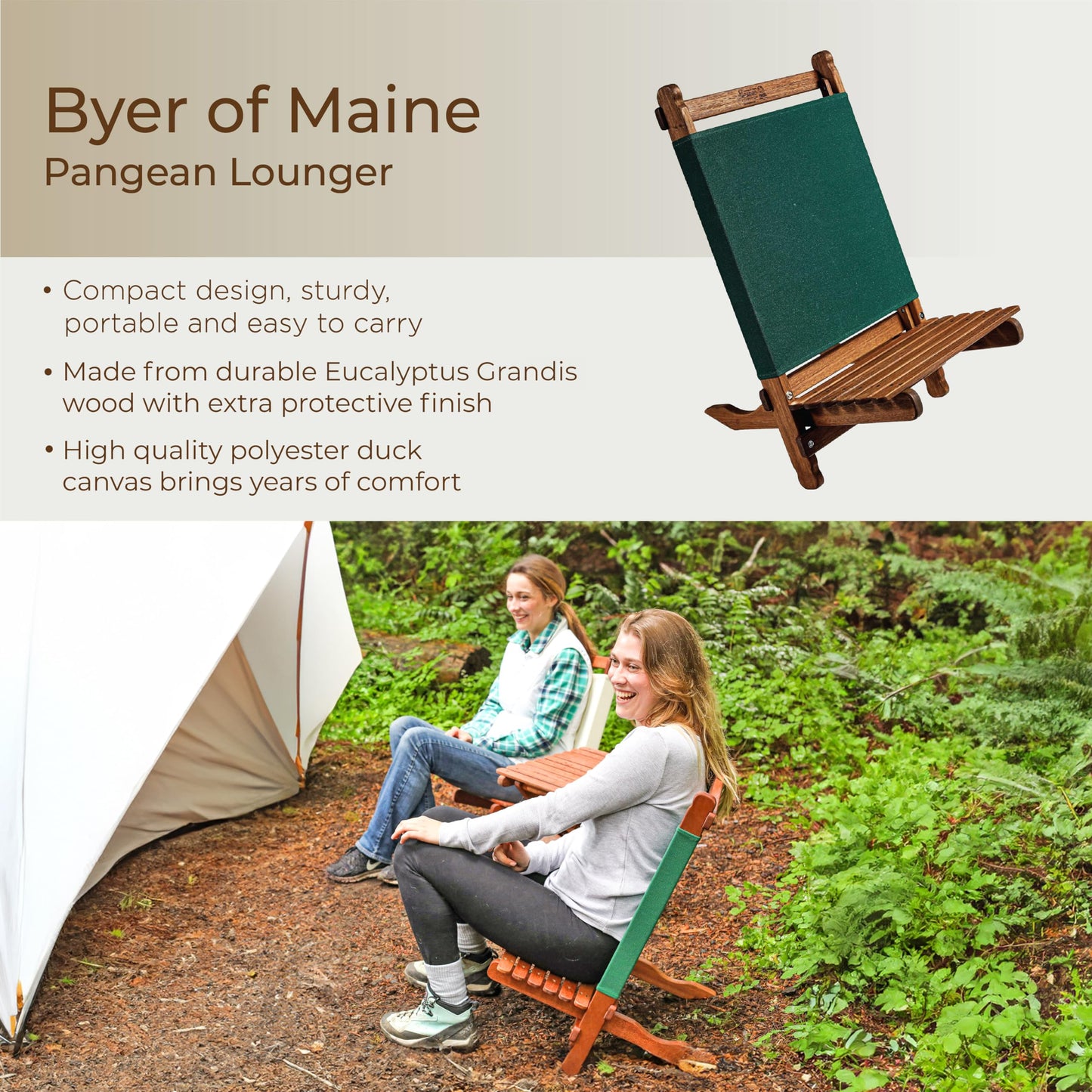 BYER OF MAINE Pangean Lounger Chair – Portable, Lightweight, Foldable Wood and Canvas Chair – Ideal for Camping, Patio, Lawn, and Beach Use in Forest Green