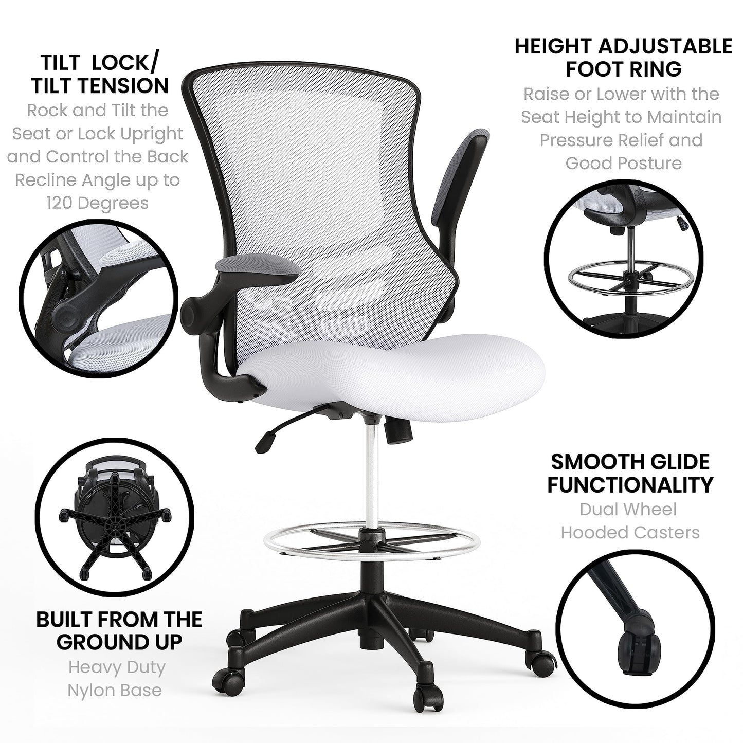 Flash Furniture Kelista Mid-Back White Mesh Ergonomic Drafting Chair | Adjustable Foot Ring, Flip-Up Arms | Comfort and Productivity