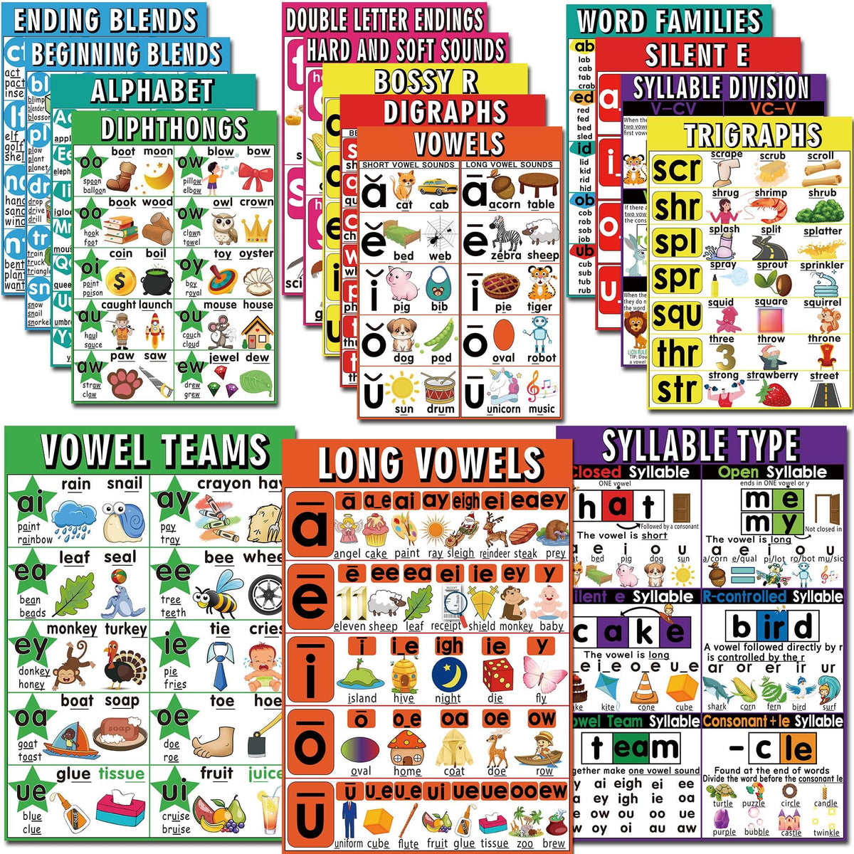 16 English Phonics Posters Language Arts Charts for Kids Toddler Learning Vowels Posters, Phonics Poster for Classroom, Digraphs and Blends Poster, Sound Wall Phonics Chart, Boho Classroom