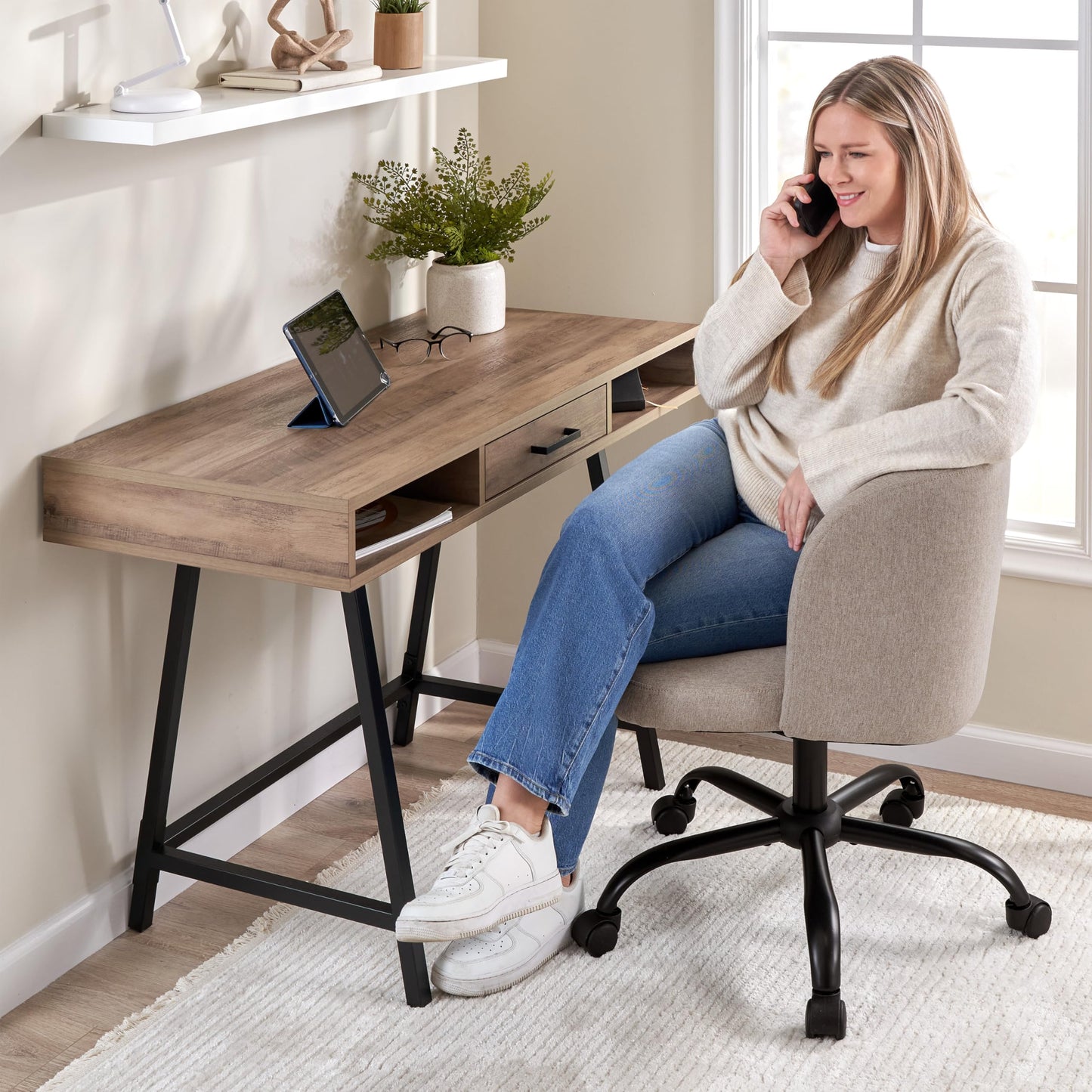 Bush Home Armless Desk Chair for Home Office, Adjustable Seating with Wheels and Swivel Base, Pembroke Collection, Beige Fabric Upholstery