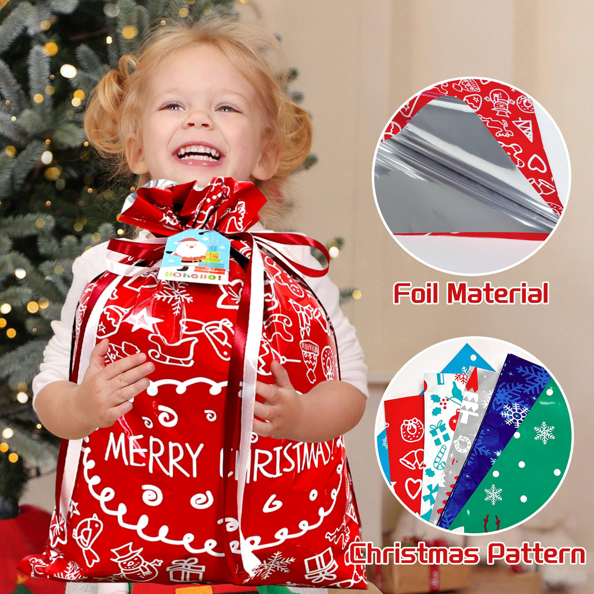 38PCS Christmas Drawstring Gift Bags Assorted Size Small Medium Large