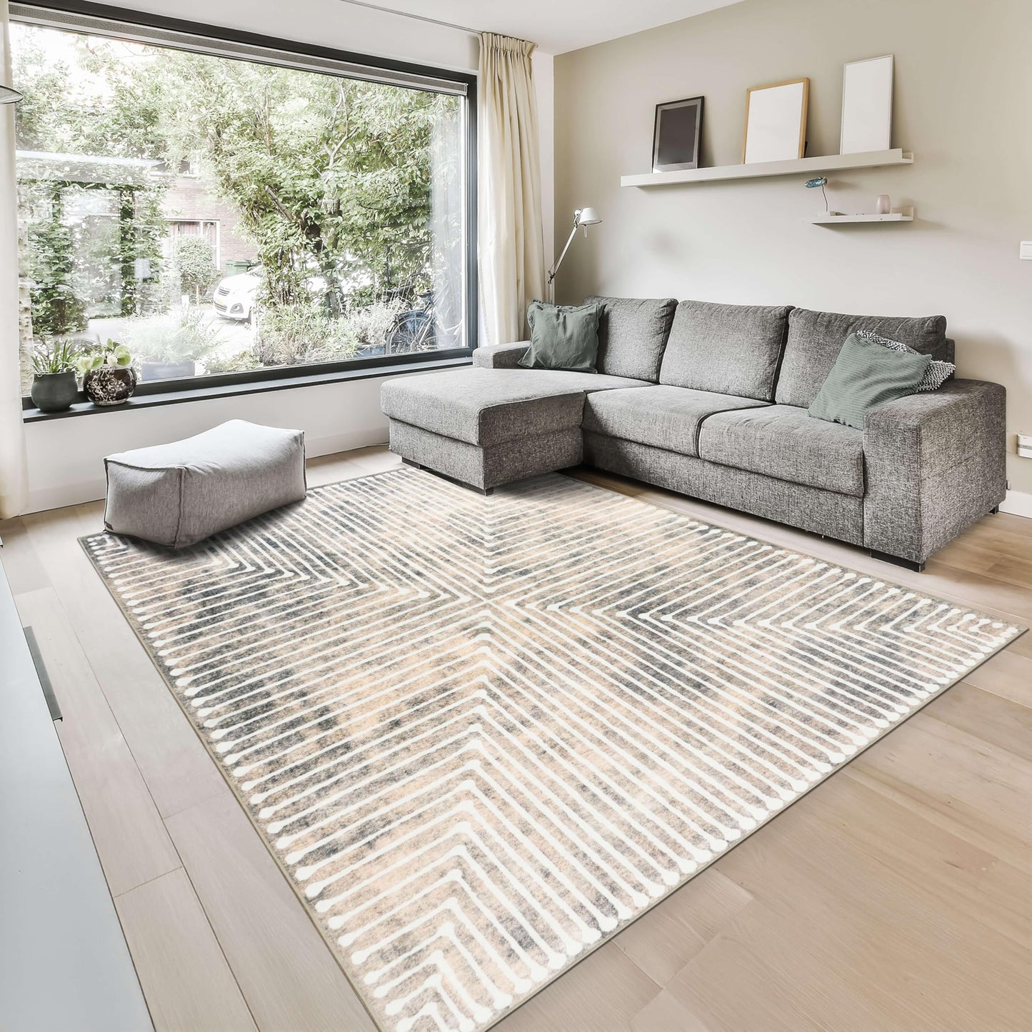 GLN Rugs Contemporary - Ephesus - Machine Washable Area Rug, Modern Washable, Non Slip, Low Pile Area Rug, Living Room, Bedroom, Kitchen Rug - Easy Clean (6' x 9' Lines Cream)