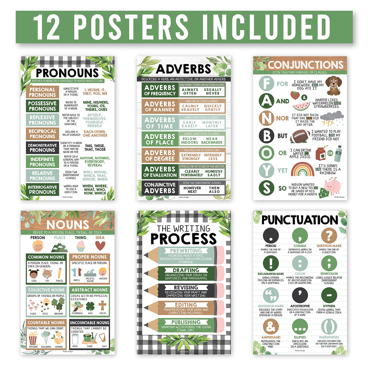 Parts of Speech Posters for Classroom Must Haves - 12 Grammar Posters, Writing Process for Homeschool, Elementary & Middle School, ELA 3rd 4th & 5th Grade Teacher Must Haves, Farmhouse Classroom Decor