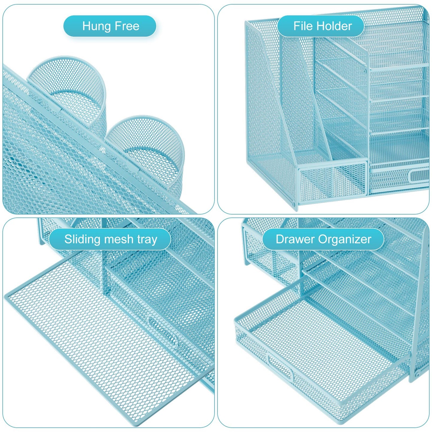 Marbrasse Desk Organizer with File Holder, 5-Tier Paper Letter Tray Organizer with Drawer and 2 Pen Holder, Mesh Desktop Organizer and Storage with Magazine Holder for Office Supplies(Blue)