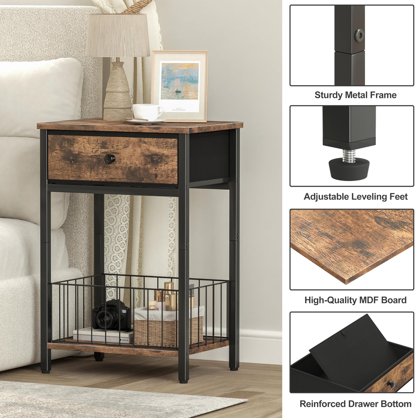 VAFEKOL End Tables Bedroom, Night Stand with Drawers, Industrial nightstand, Nightstand with Fabric Bins, Bedside Table End Table for Bedroom, Closet, Entryway, College Dorm, Rustic Brown LNT0061BR