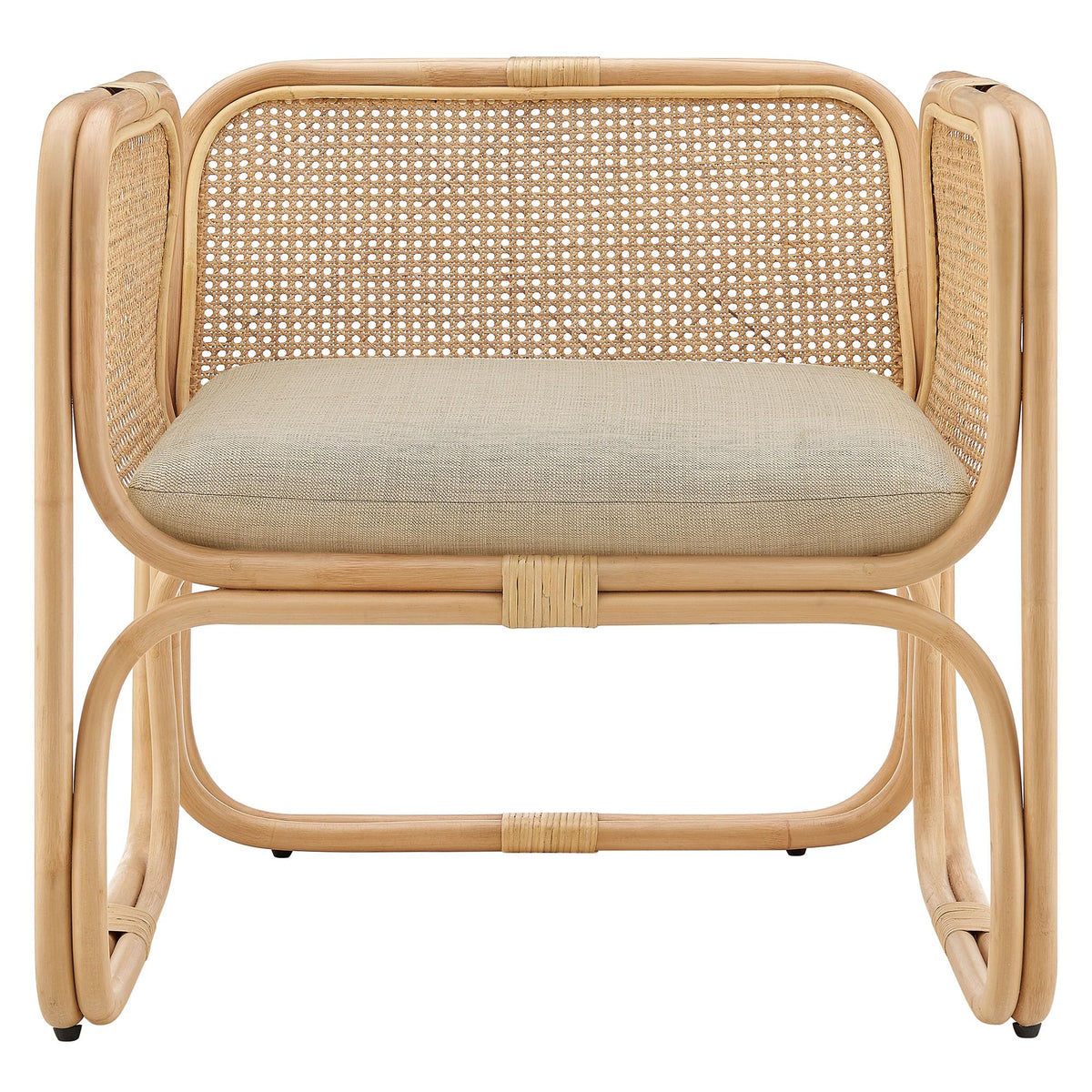 Ellis Natural Rattan Accent Armchair in Natural – Curved Low Lounge Chair with Cushioned Seat for Living Room, Sunroom, or Covered Patio