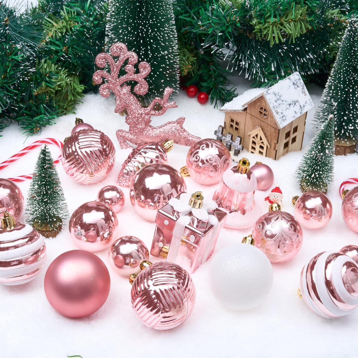 Joiedomi 66 Pcs Pink Christmas Balls Ornaments Set, Christmas Tree Ornaments Shatterproof Plastic for Xmas Hanging Decoration, Holiday Party Decoration