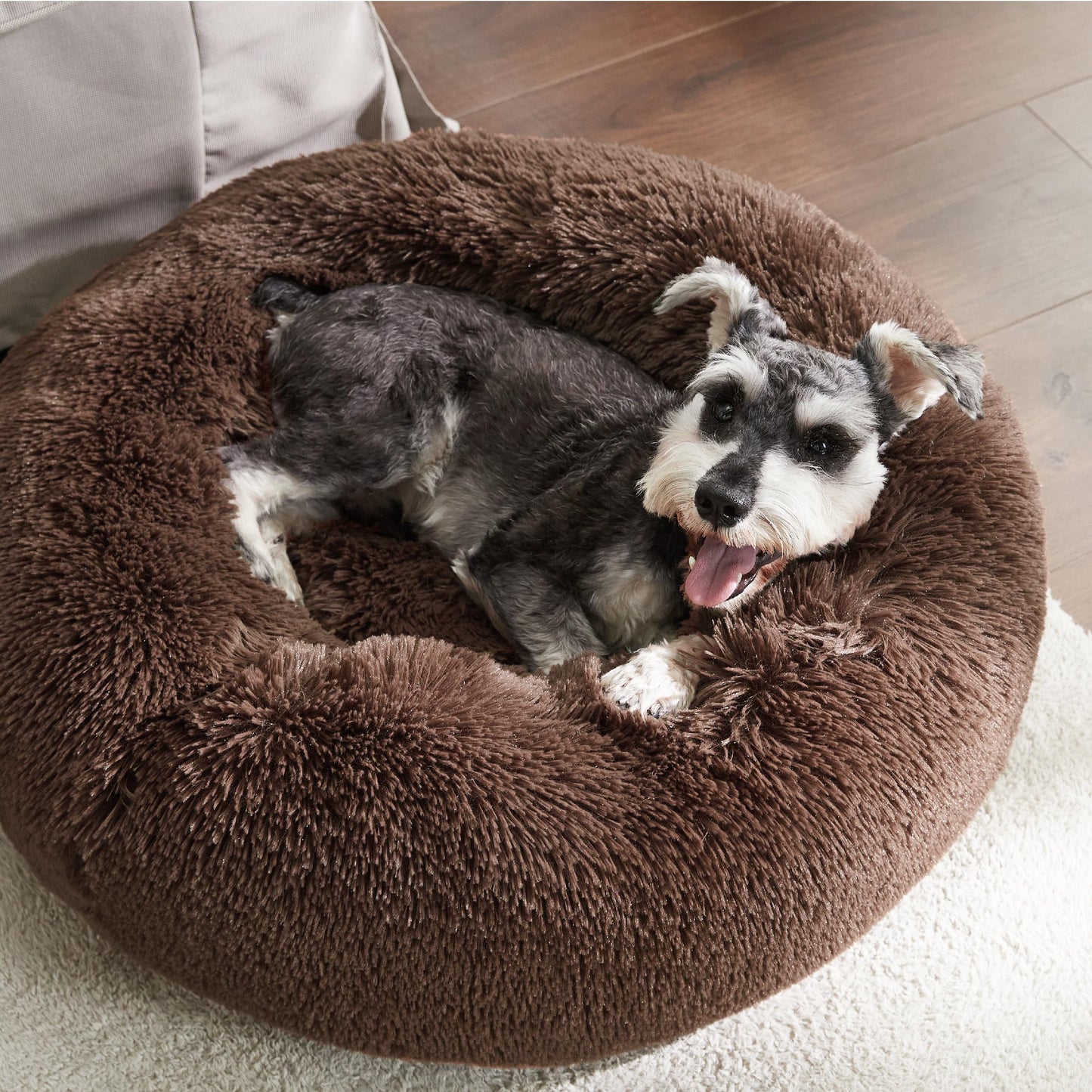 Bedsure Calming Dog Bed for Small Dogs - Donut Washable Small Pet Bed, 23 inches Anti-Slip Round Fluffy Plush Faux Fur Large Cat Bed, Fits up to 25 lbs Pets, Coffee