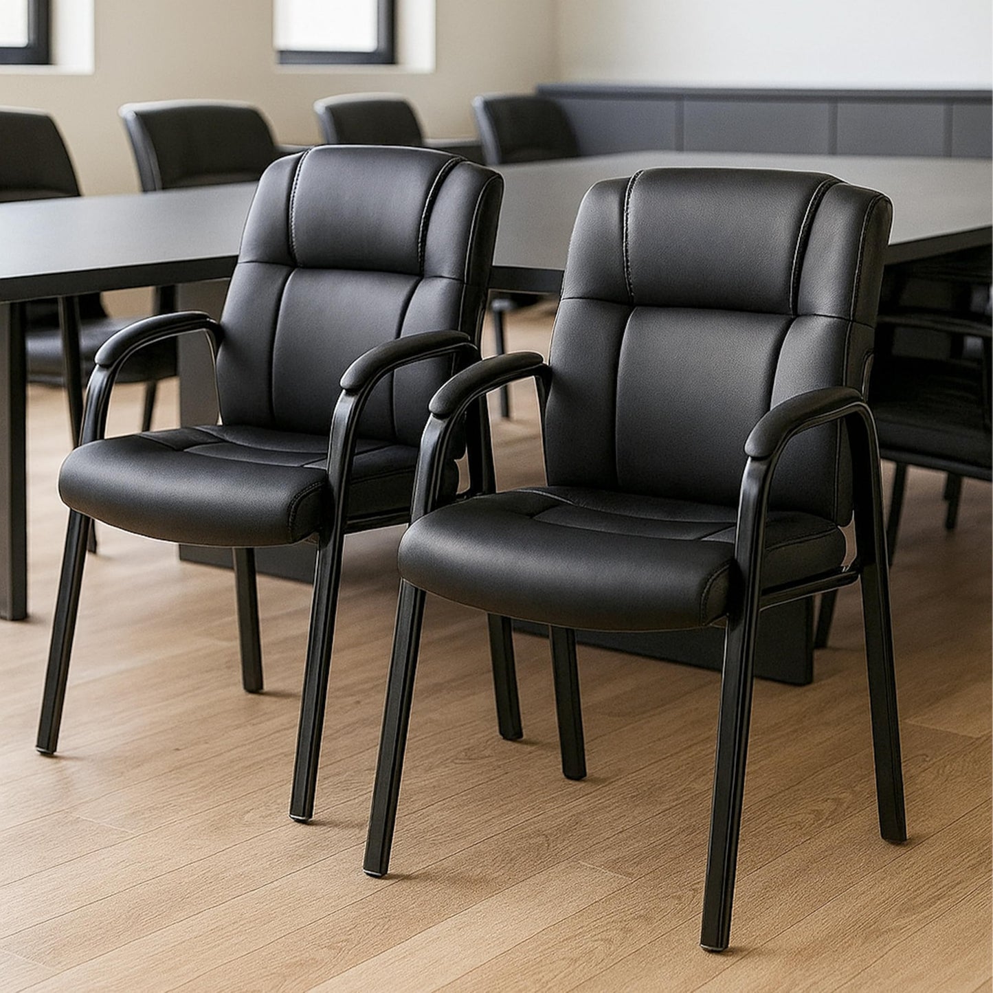 Simple Deluxe Office Guest Chair with Padded Arm Rest No Wheels, Waiting Room Reception Leather Stationary Chairs for Conference Room, Lobby, Home, Desk Table Side, Dining, 2 Pack Thickened Cushion