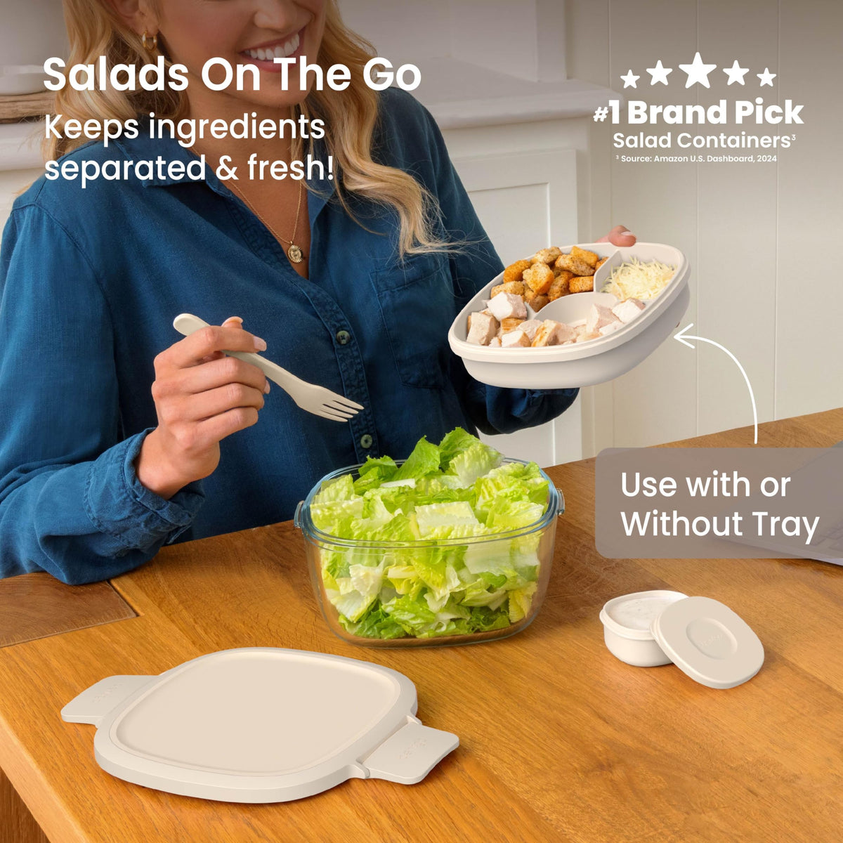 Bentgo Glass Salad Container - 7.6-Cup Salad Bowl with Airtight Lid, Leak-Proof Sauce Container, 4-Compartment Bento Tray & Reusable Fork - BPA-Free for Meal Prep, Office & More (White Stone Tan)