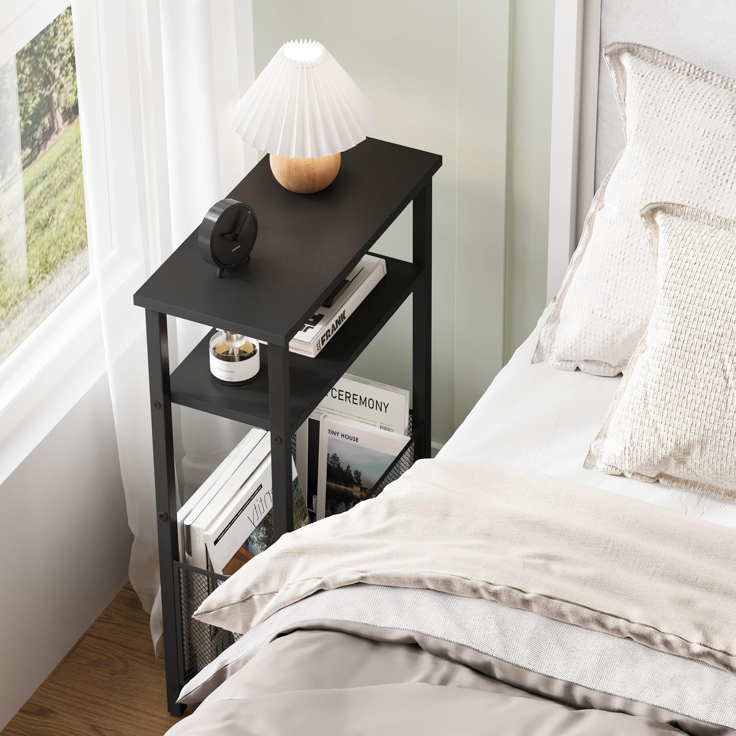 MMEOLUOOK Narrow Side Table with Storage Basket Skinny End Tables for Smalls Spaces 3 Tier Sofa Table Small Nightstand Slim Bedside Table for Living Room Bedroom Black MLBZ22B