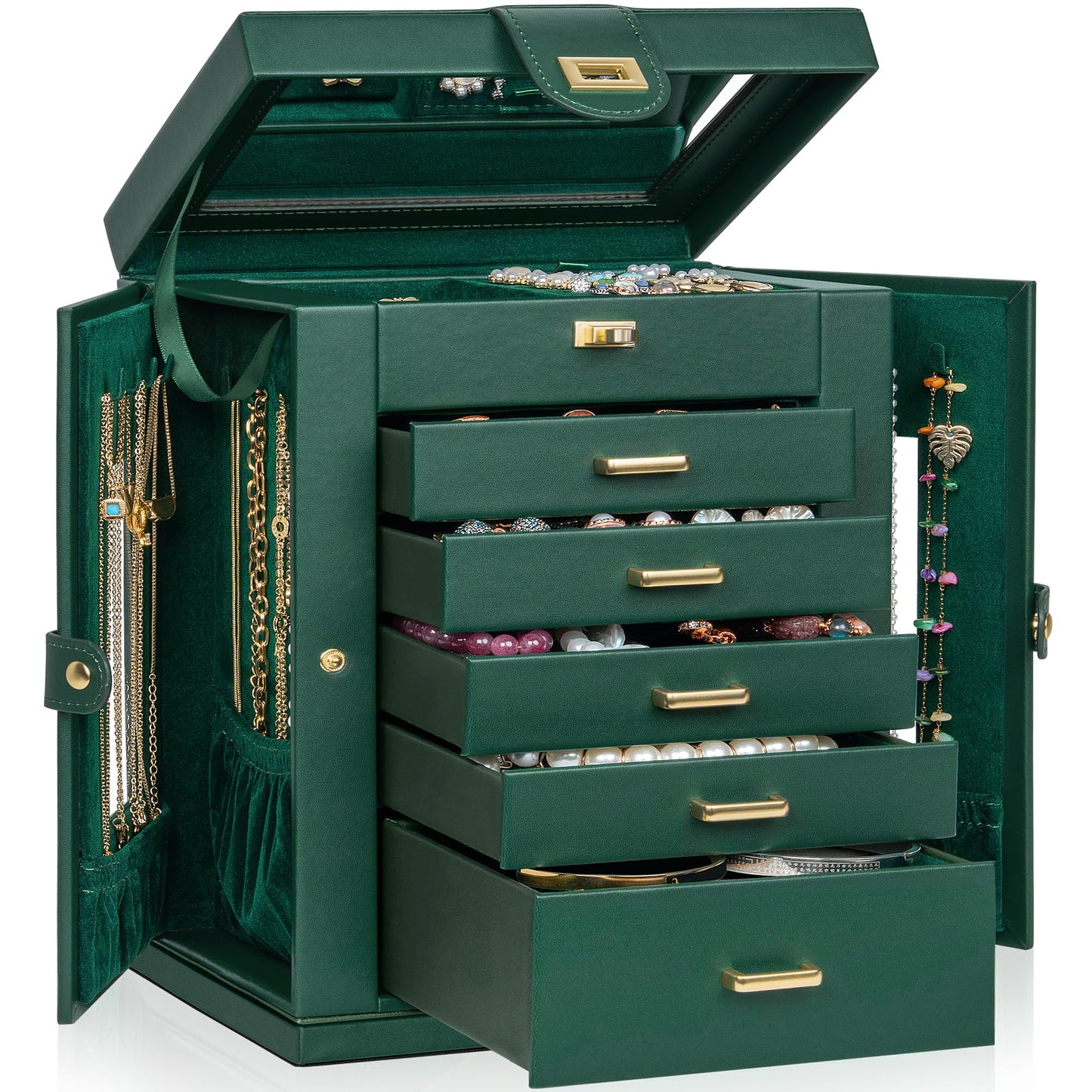 AKOZLIN 6-Tier Jewelry Box Organizer Functional 5 Drawers Leather Jewelry Storage Case for Women Girls Ring Necklace Earring Bracelet Holder Organizer with Mirror Green 360° Rotating