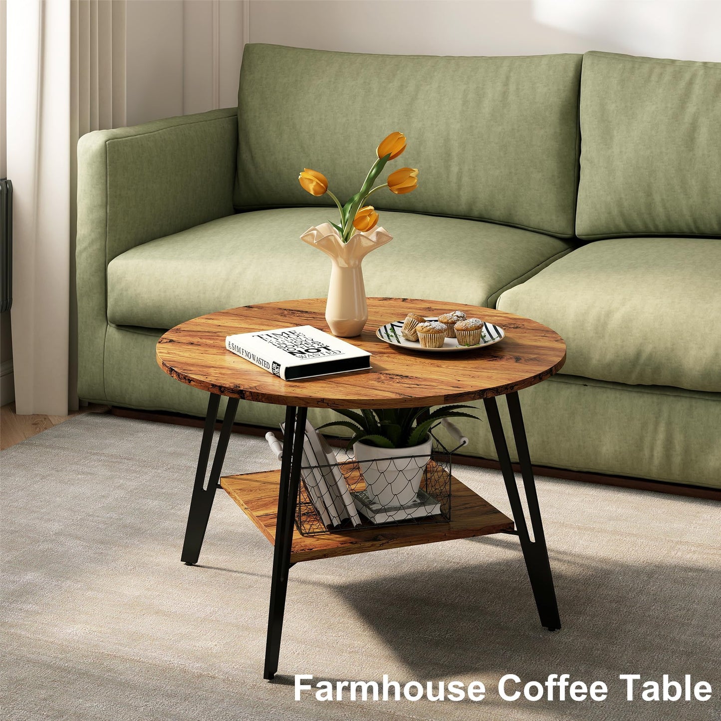 Manora Round Coffee Table, Modern Wood Round Center Table with Storage Shelf, Small Circle Coffee Table for Living Room, Home Office, Small Space, Apartment, Rustic Brown