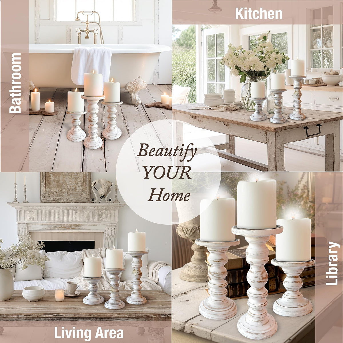 Large Candle Holders for Pillar Candles (3 Piece Set) Tall Rustic Wood Farmhouse Pillar Candlestick Stands - Fits 4 inch inch Wide Pillar Candles - Modern Candle Holder Decor (Antique White)