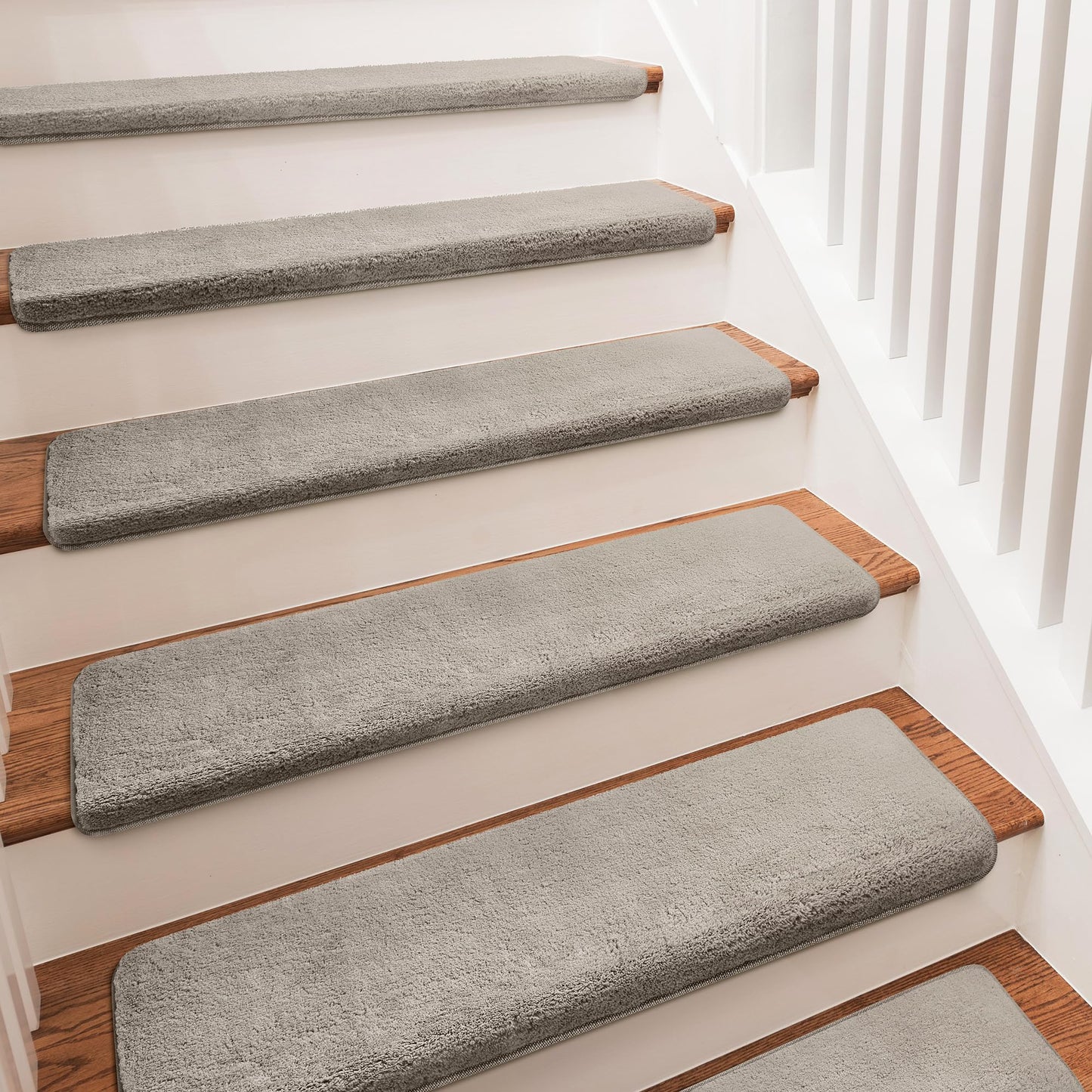 PURE ERA Carpet Stair Treads Ultra Plush 9.5" X 30"Soft Bullnose Indoor Stair Protectors Pet-Friendly Non-Slip Skid Resistant Tape Free Washable Reusable(2 Pieces, Cream Gray)