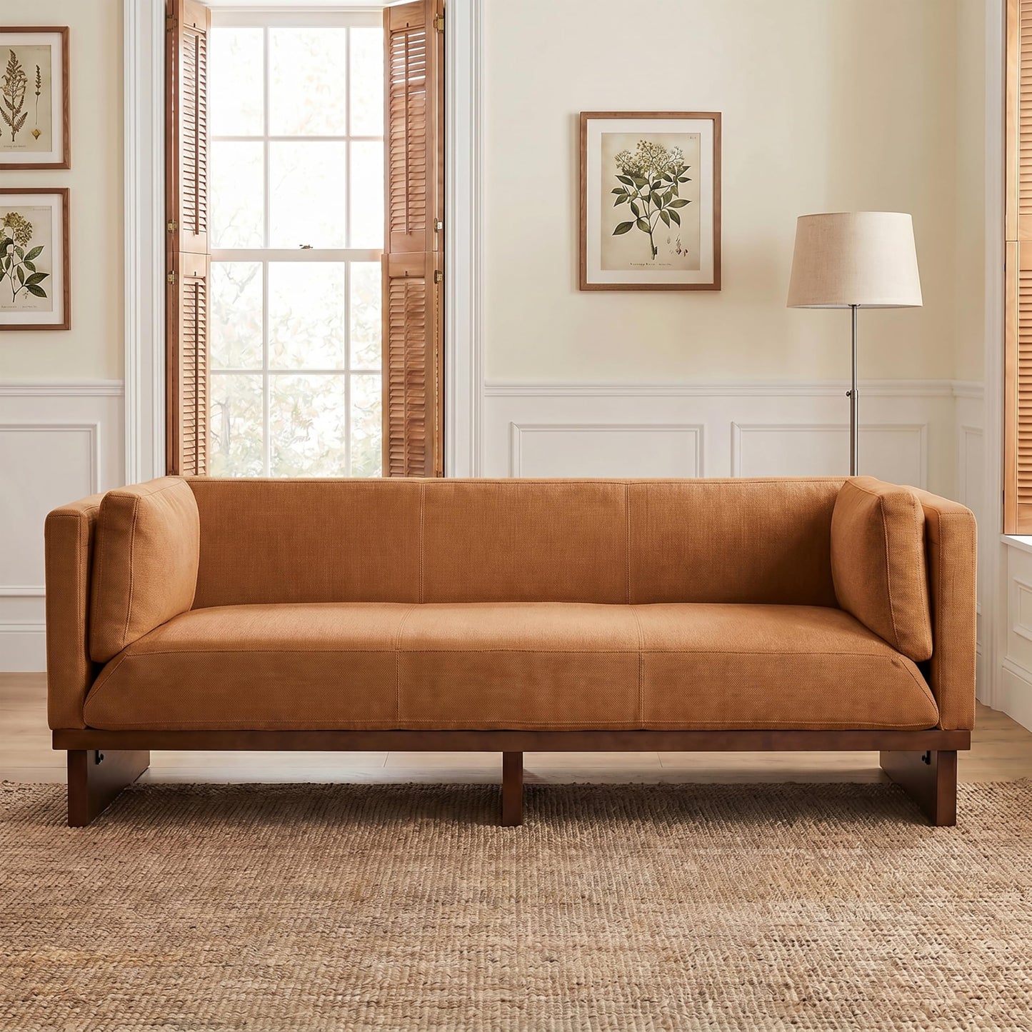Christopher Knight Home 87" Recessed Modern Sofa Couch, 3 Seater Deep Seat Upholstered Polyester Fabric Sofa with Straight Back, Arms & Solid Wood Frame, Accent Sofa for Living Room Bedroom, Caramel