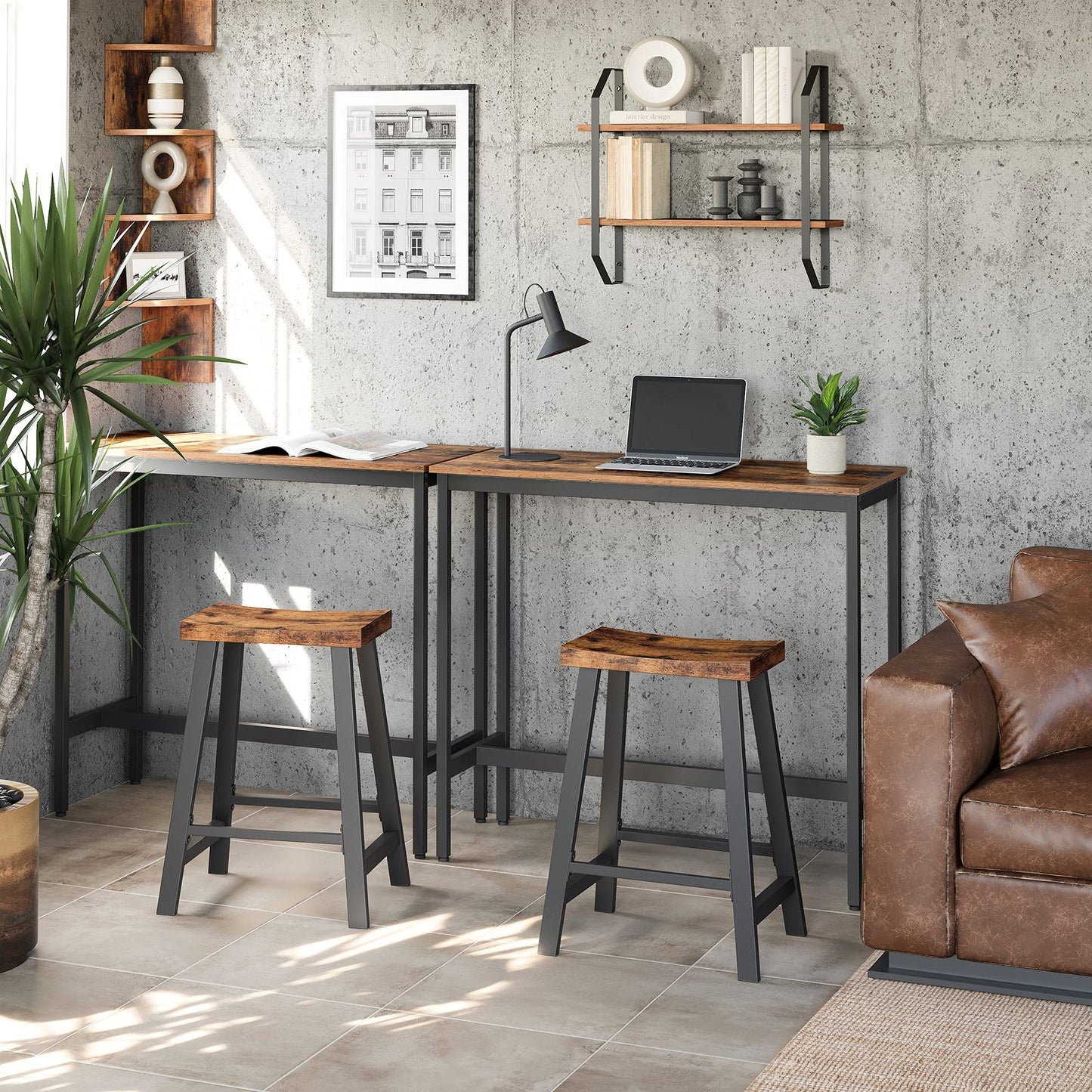 VASAGLE Bar Stools Set of 2, Counter Height Stools, Bar Chairs with Footrest, 23.6 Inches High Kitchen Breakfast Stools, Industrial, Living Room Party Room, Rustic Brown ULBC074B01