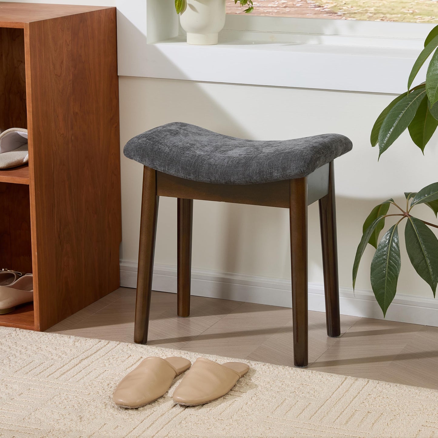 Royal Windsor Vanity Stool with Saddle Cushion, 18 Inch Makeup Vanity Chair for Living Room, Modern Foot Stool Ottoman Piano Bench,Small Upholstered Bench for Bedroom, Dark Grey