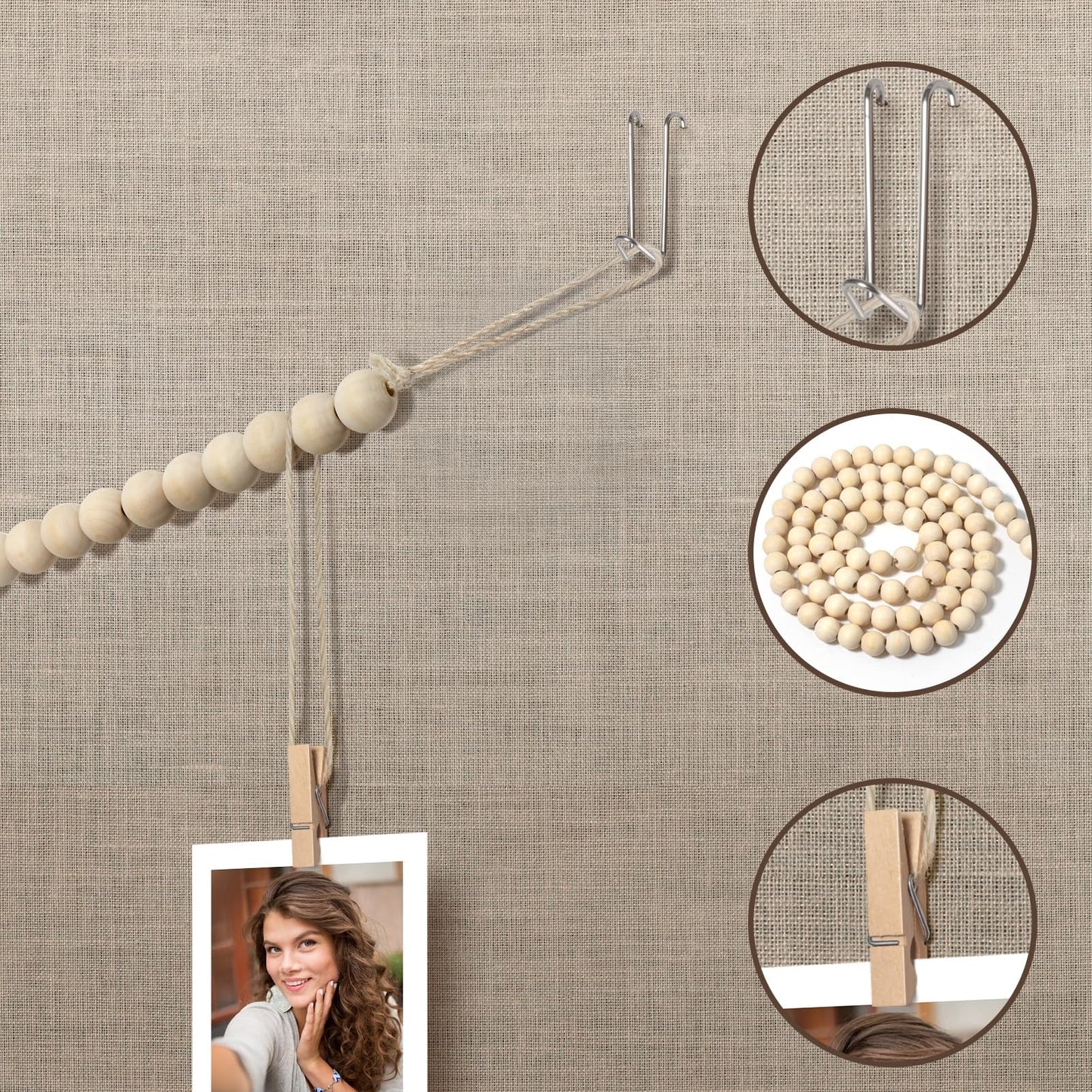 Office Cubicle Hanging Photo Display with Clips, 9 Wood Clips,2 Cubicle Clips for Fabric Wall, Photo Hanger for Boho Office Cubicle Decor, Boho Desk Decor