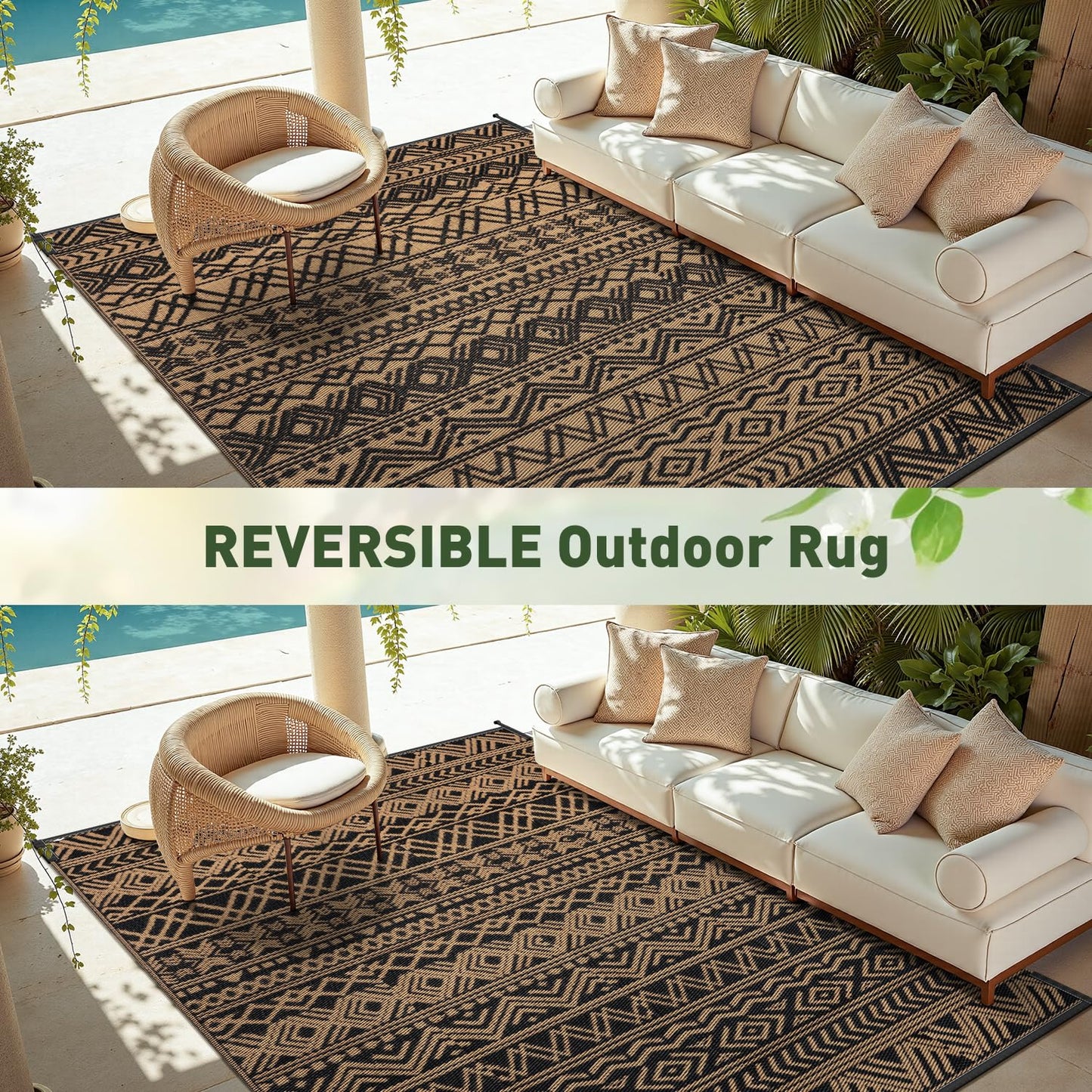 MontVoo-Outdoor Rug Carpet Waterproof 5x8 ft Reversible Patio Rug RV Camping Rugs Plastic Straw Outside Indoor Outdoor Area Rugs for Patio Deck Balcony Picnic Beach Outdoor Decor Boho Black Brown