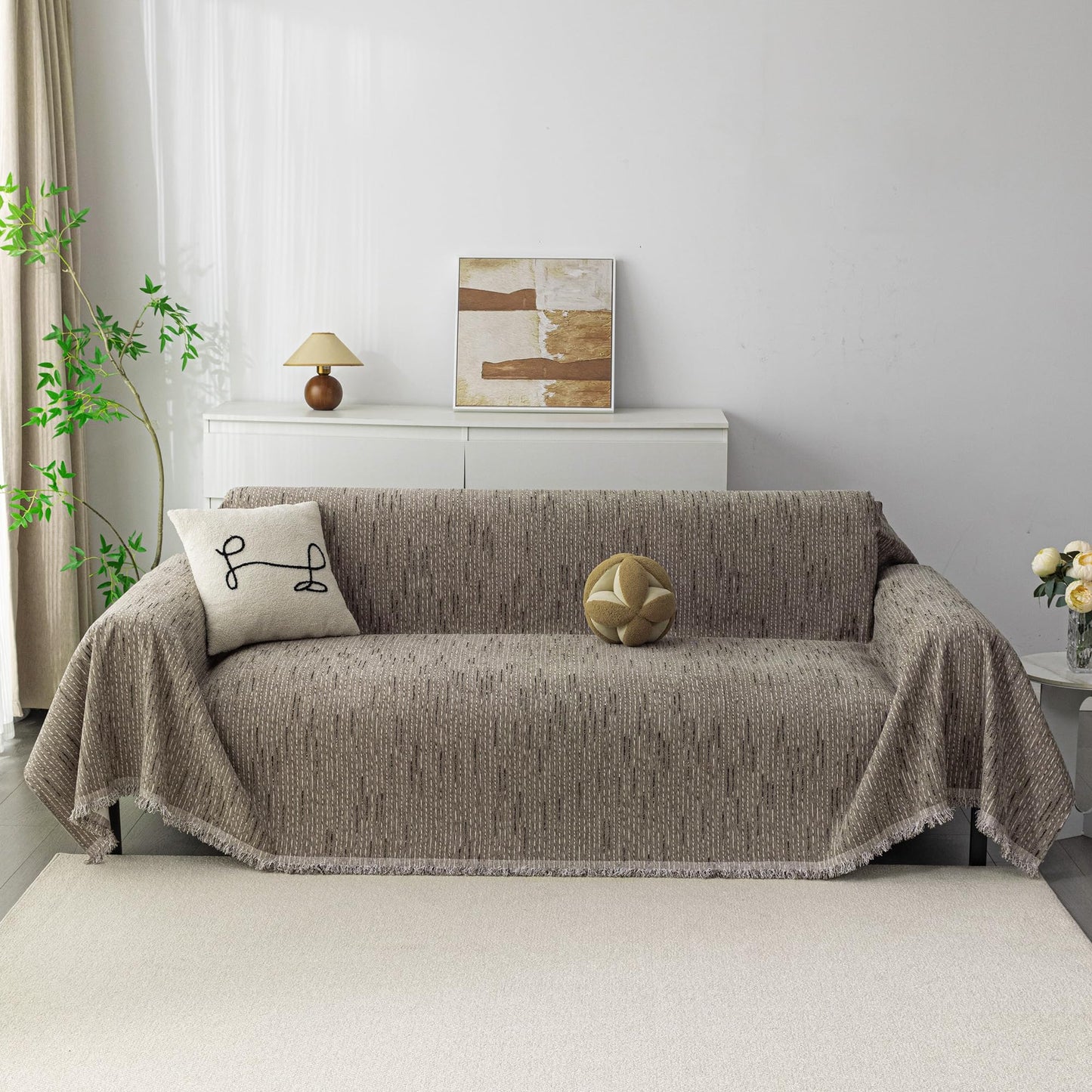 MYSKY HOME Loveseat Cover Sand Couch Cover Sectional Couch Covers for 2 Cushion Couch Sofa Thick Universal Chenille Sofa Cover with Tassel Durable Furniture Protector for Dogs 91" x 118"