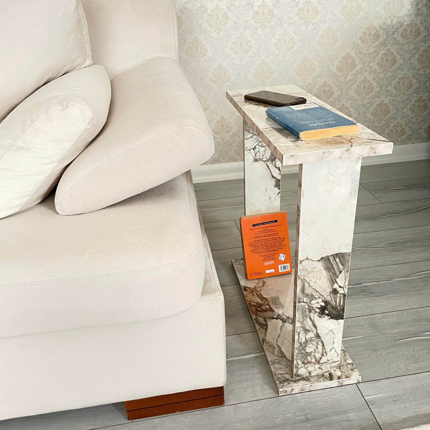 Very Narrow Side Table for Living Room, Small Apartment Space Between Chairs Skinny Table for Recliner, Couch, Armchair, Thin Slim End Table for Living Room, Bedroom, Beverages (White Marble)