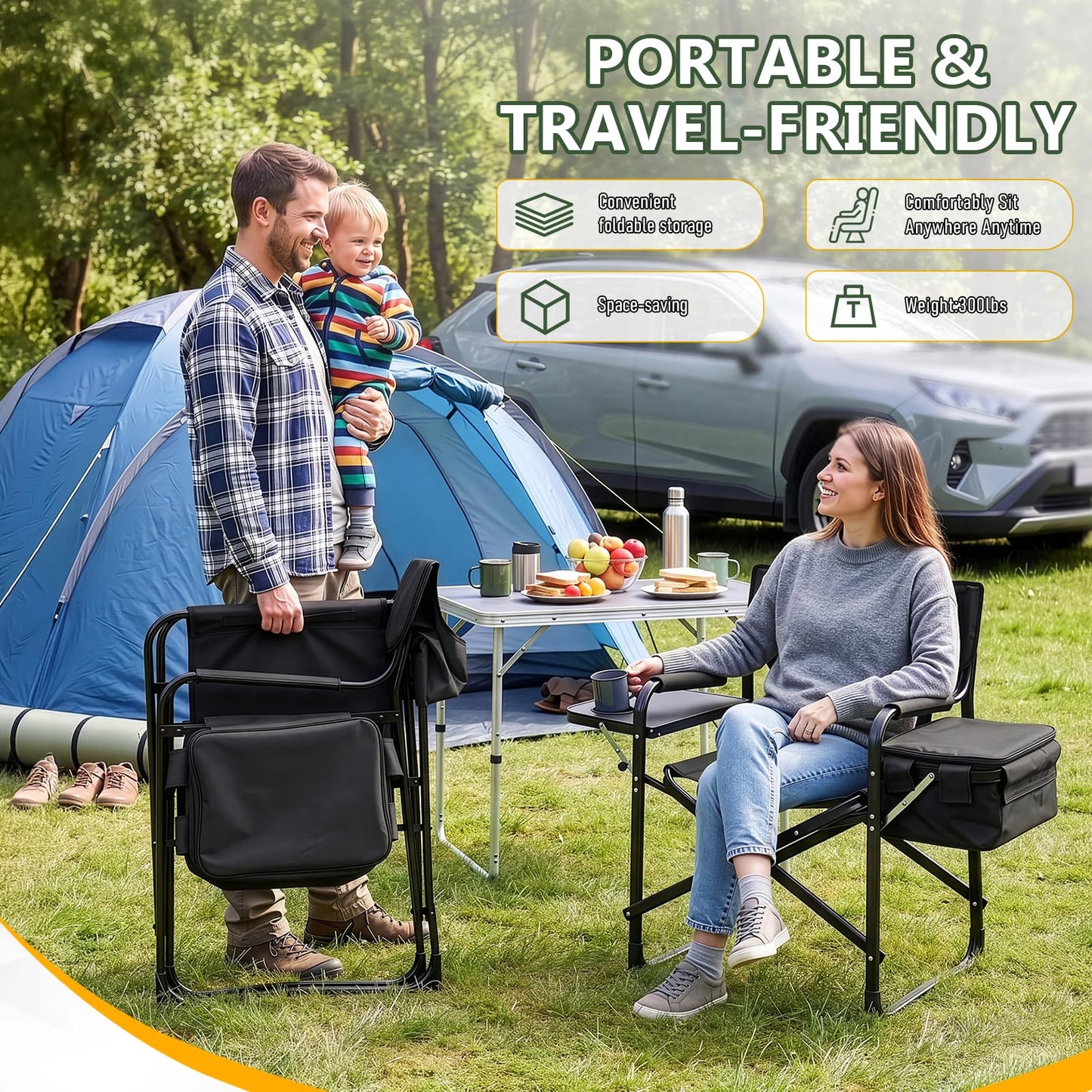 Outvita Heavy Duty Folding Camping Director Chair with Insulated Cooler Bag, Side Table & Cup Holder, 300LBS Sturdy Portable Chair for Camping Fishing Tailgating Backyard BBQ
