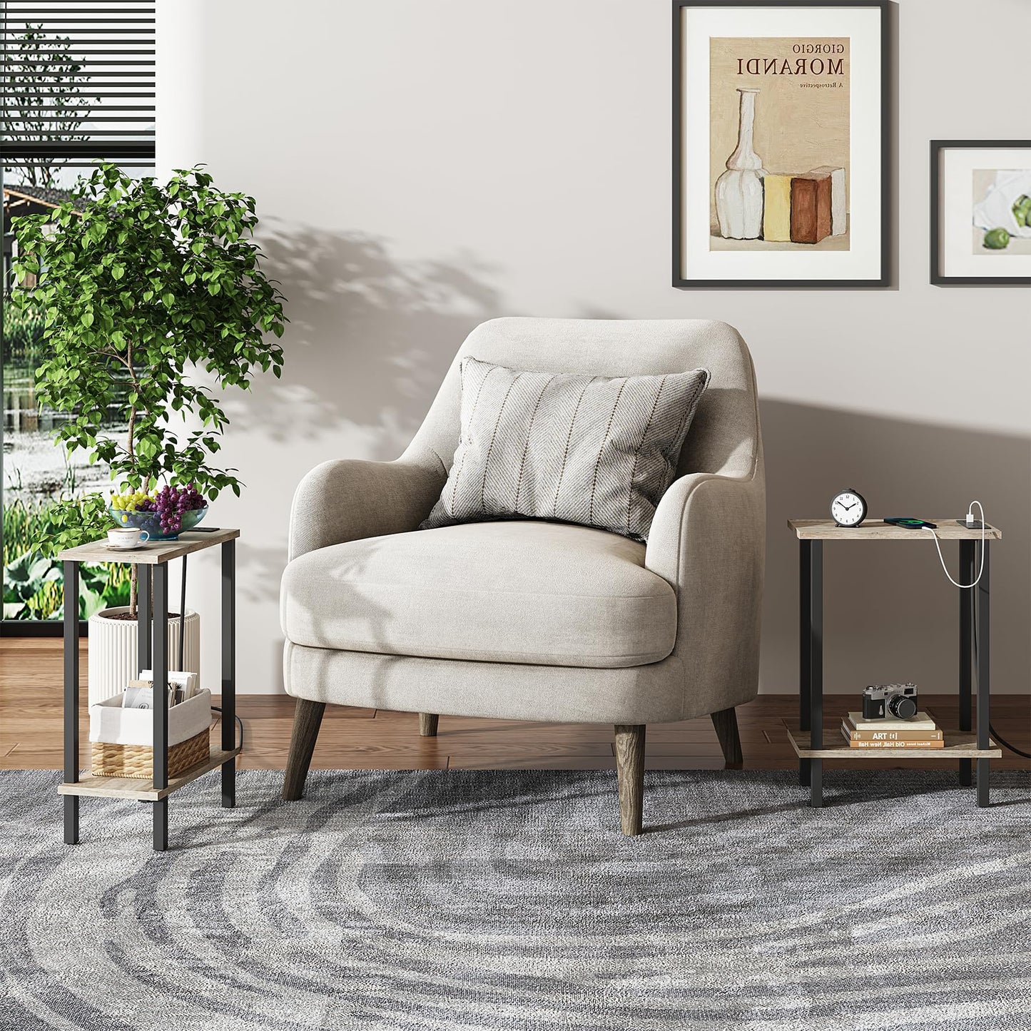 TUTOTAK Small End Table with Charging Station, Narrow Side Table with USB Ports and Outlets, Skinny Sofa Table, Slim Nightstand, Living Room, Bed Room, Greige TB01BG060
