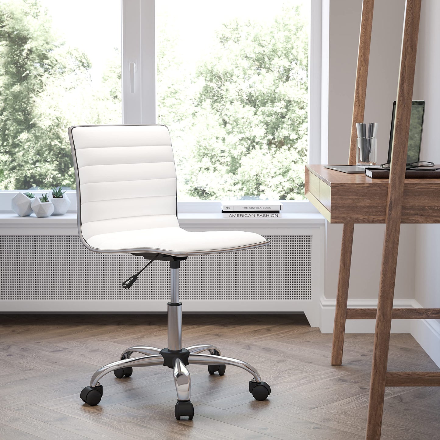 Flash Furniture Whitney High Back Desk Chair - White LeatherSoft Executive Swivel Office Chair with Chrome Frame & Alan Low Back Designer Armless White Ribbed Swivel Task Office Chair