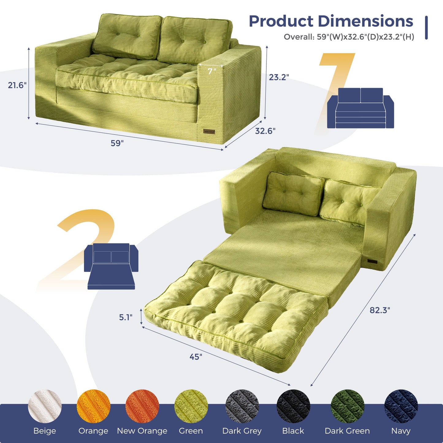 MAXYOYO Convertible Sofa Bed, Pull Out Loveseat Sofa Couch, 2 in 1 Folding Couch Bed, Fold Out Floor Couch with Pillows for Living Room Bedroom Lounge, Green
