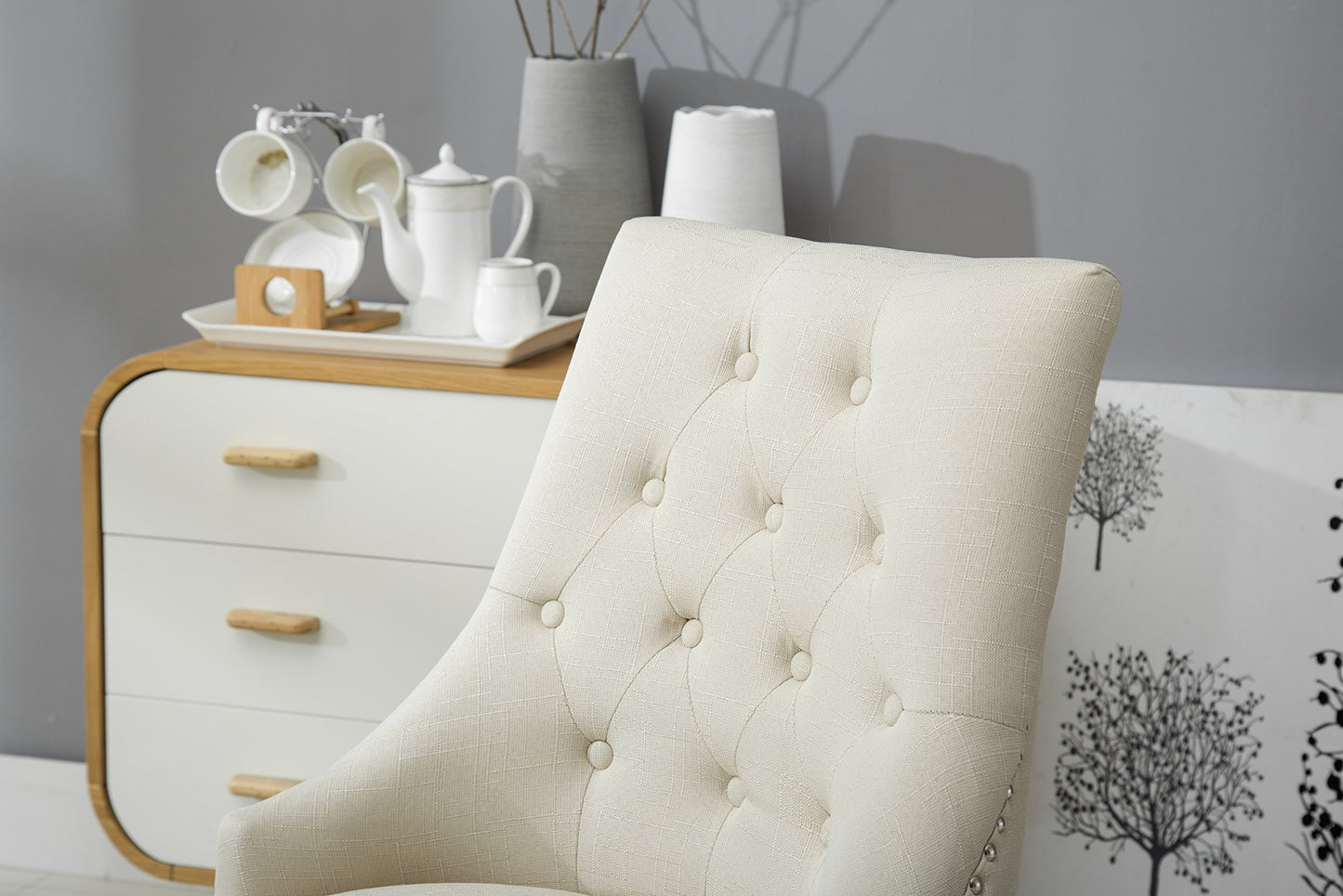 Roundhill Furniture Button Tufted Solid Wood Wingback Hostess Chairs with Nail Heads, Set of 2, Tan, White, "Tan, 24D x 22W x 39H in