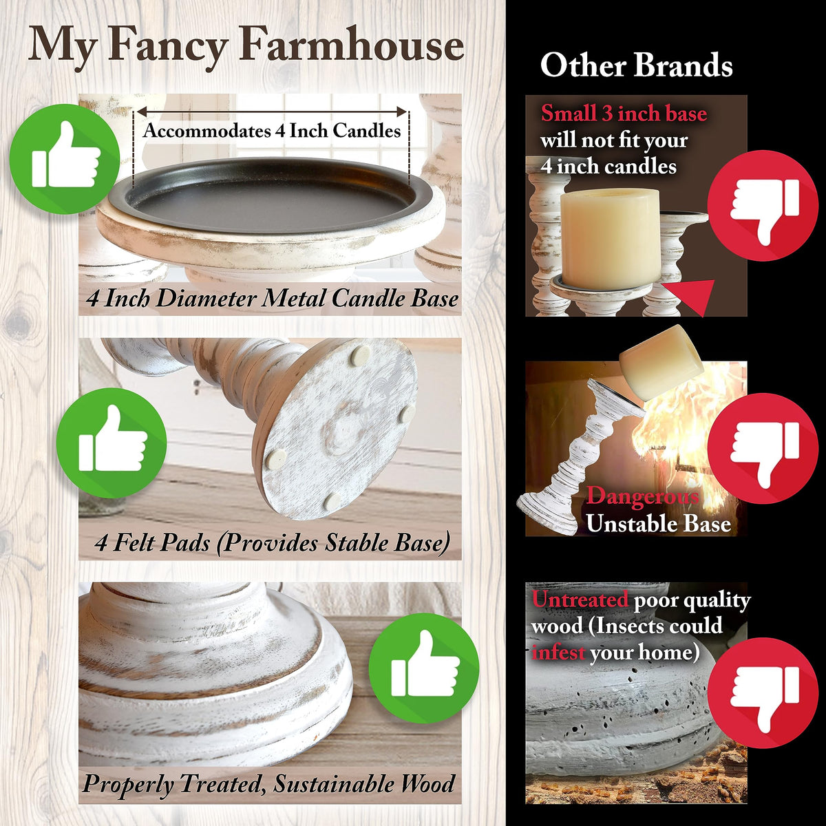 Large Candle Holders for Pillar Candles (3 Piece Set) Tall Rustic Wood Farmhouse Pillar Candlestick Stands - Fits 4 inch inch Wide Pillar Candles - Modern Candle Holder Decor (Antique White)