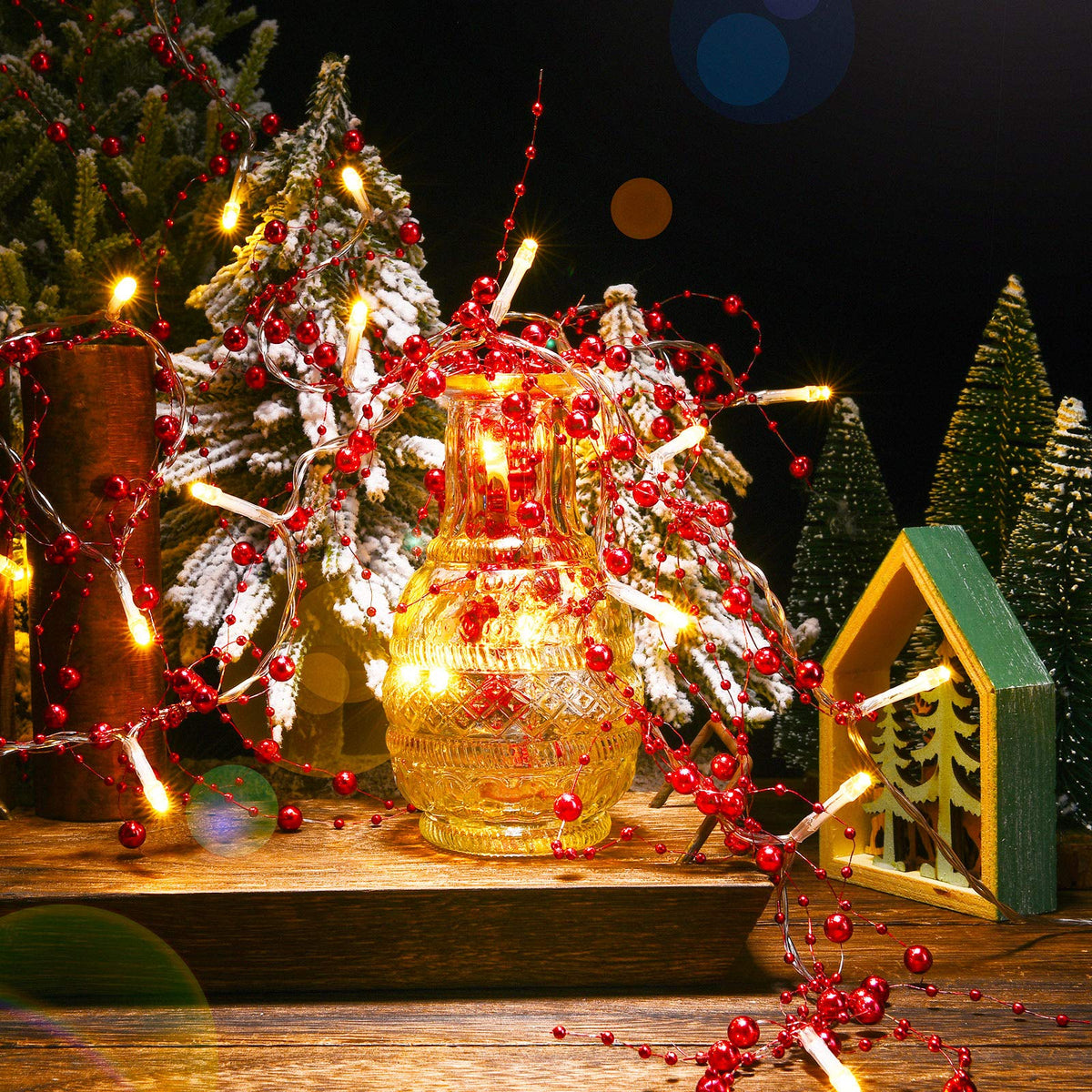 Mudder 10 Feet 30 LED Christmas Light Metal Berry Beaded Garland Indoor Christmas String Lights for Fireplace Mantel Indoor Xma Light Decorations(Red)