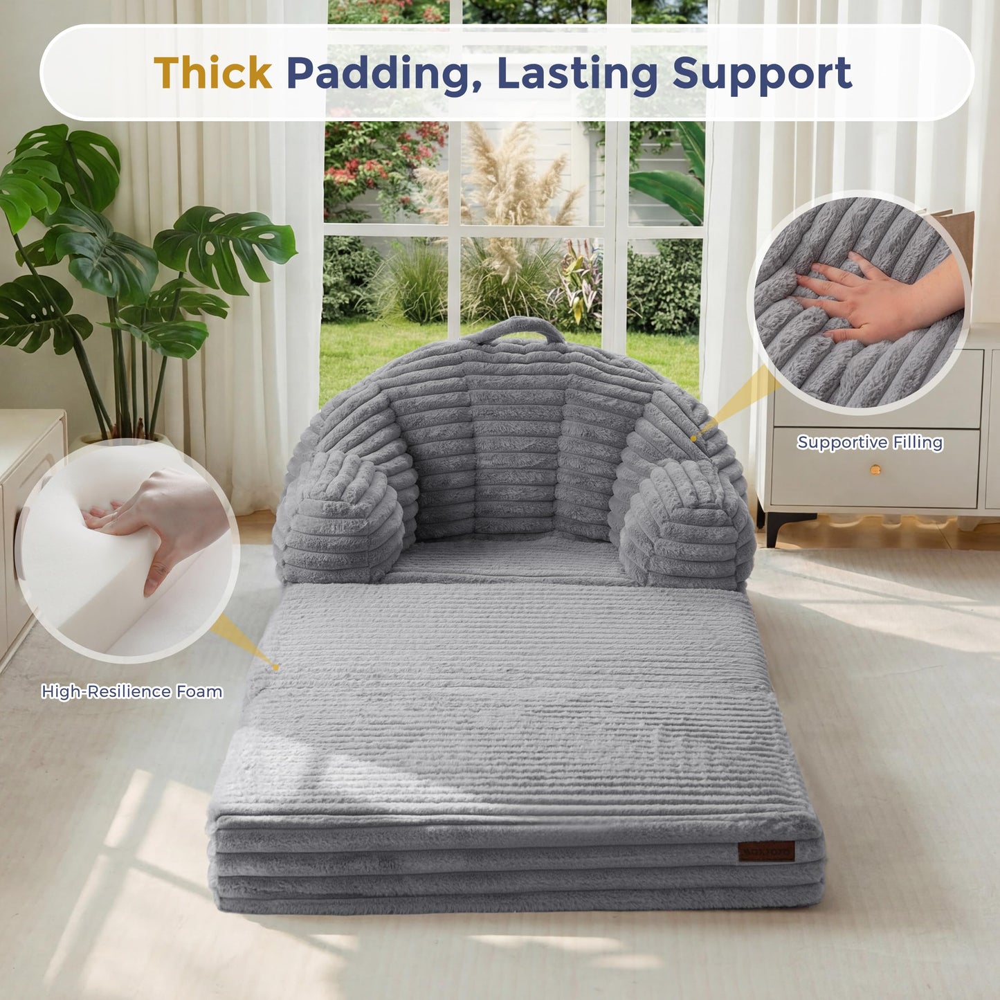 MAXYOYO Folding Sofa Bed, 2 in 1 Convertible Sofa to Lounger Comfy Faux Fur Bean Bag Chair for Adults, Floor Single Couch Chair with Handle, Couch Bed for Living Room Bedroom, Grey