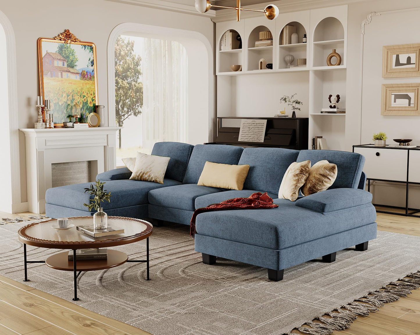 Furmax Sectional Couches for Living Room, U-Shaped Sofa Couch with Linen Fabric, 4 Seat Sofa Set with Double Chaise for Apartment (Chenille, Light Blue)