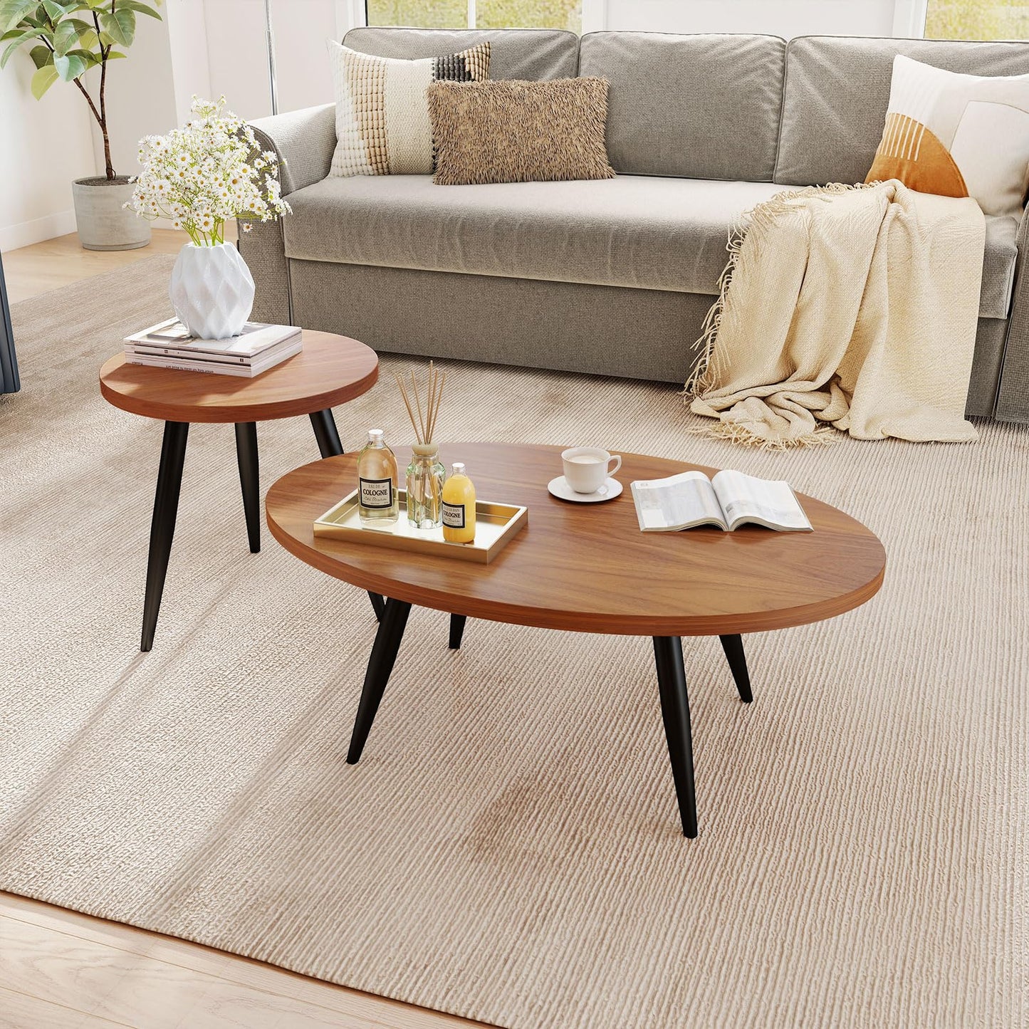 Permory 2-Piece Nesting Coffee Table Set, Oval & Round Mid-Century Modern Side Tables with MDF Tabletop & Metal Tapered Legs, Accent Table Set for Living Room, Small Spaces, Walnut