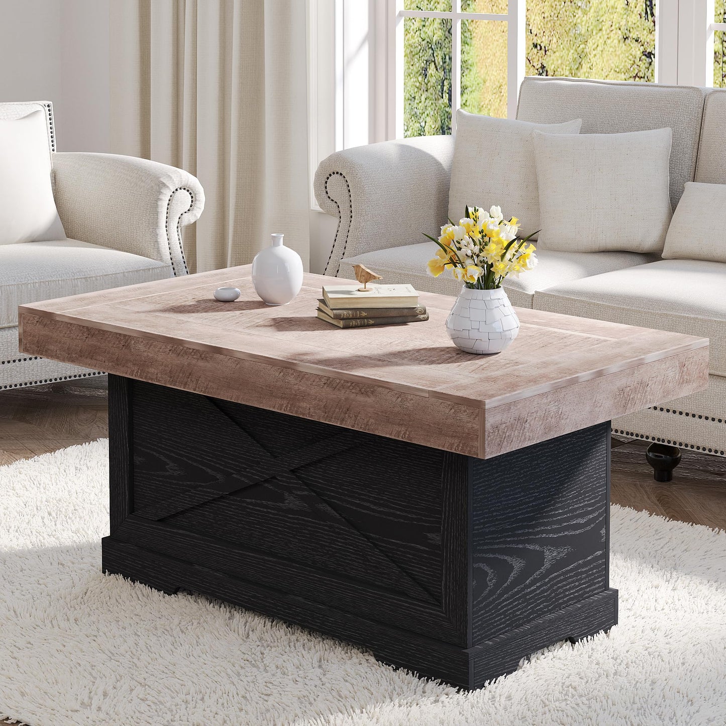 Lareth Coffee Table 39 in Rustic Center Table with X-Design Wooden Pedestal for Living Room, Space Saving, Rectangle Home Office Tea Accent Table for Apartment, Dark Oak Black